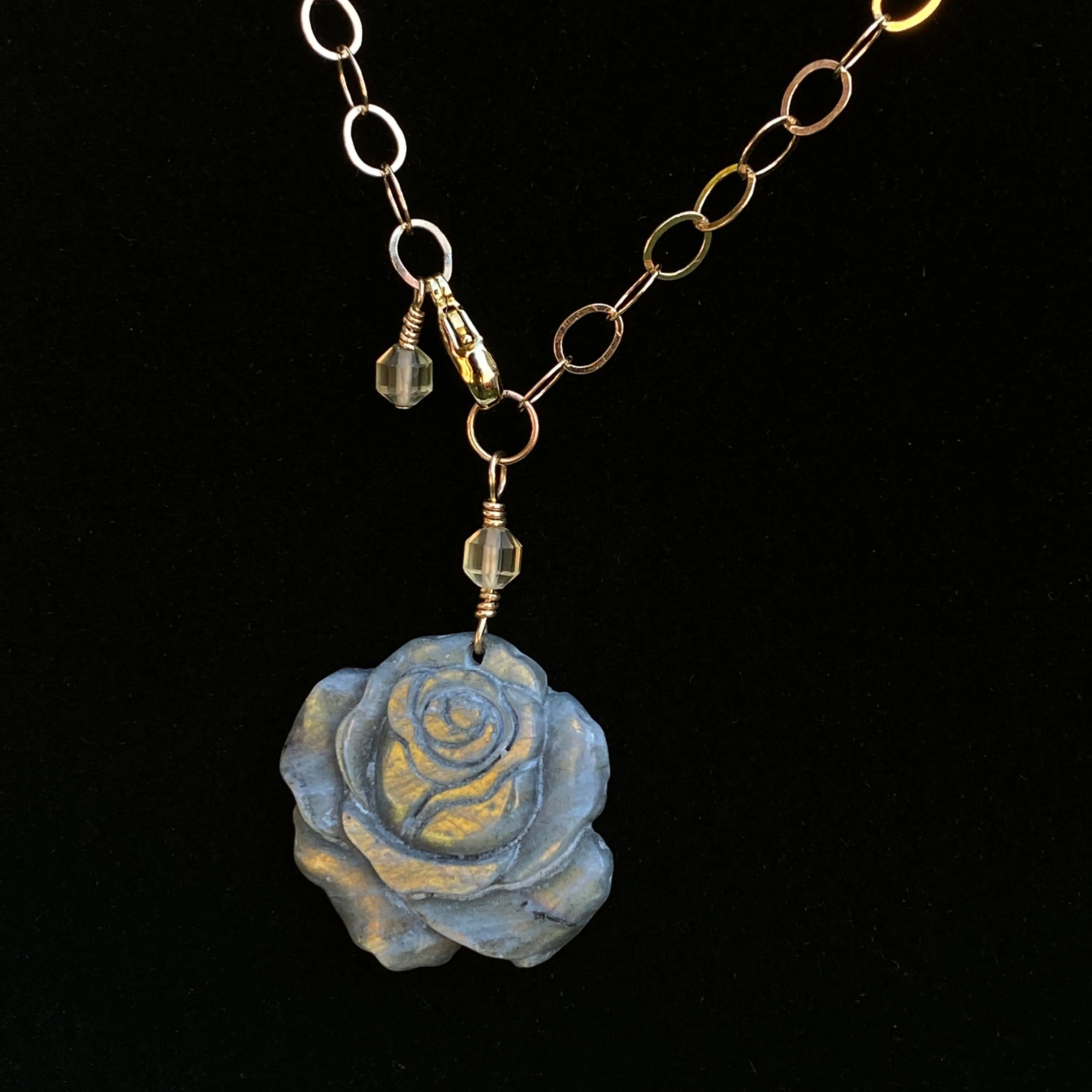 Labradorite gemstone carved Rose pendant on 14 kt Gold Necklace