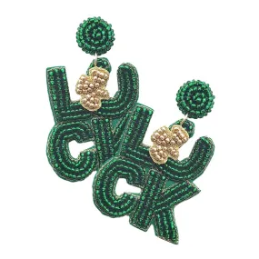 LUCK St. Patrick's Day Felt Back Seed Beaded Dangle Earrings