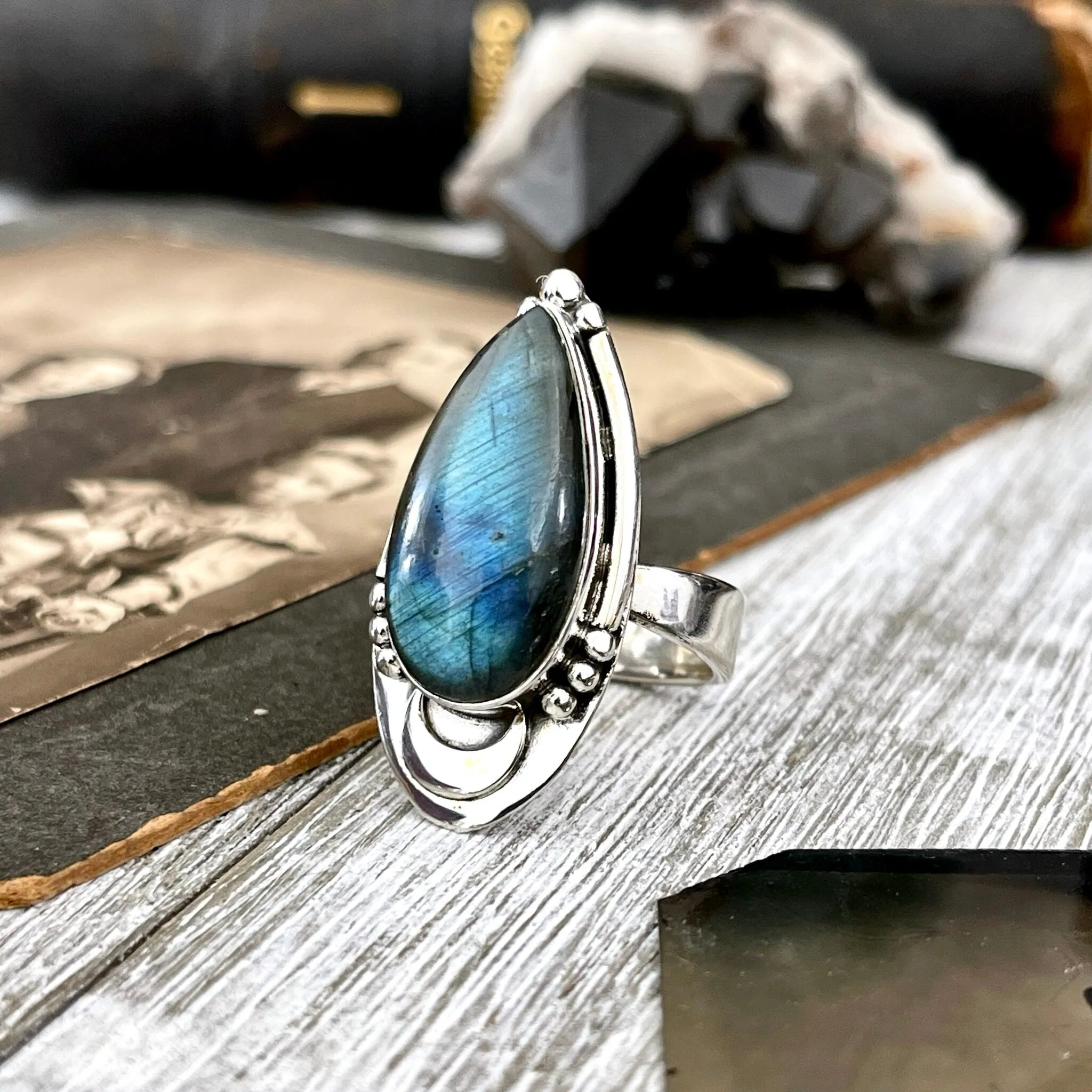 Midnight Moon Labradorite Crystal Ring in Sterling Silver / Designed by FOXLARK - Adjustable to Size 6 7 8 9