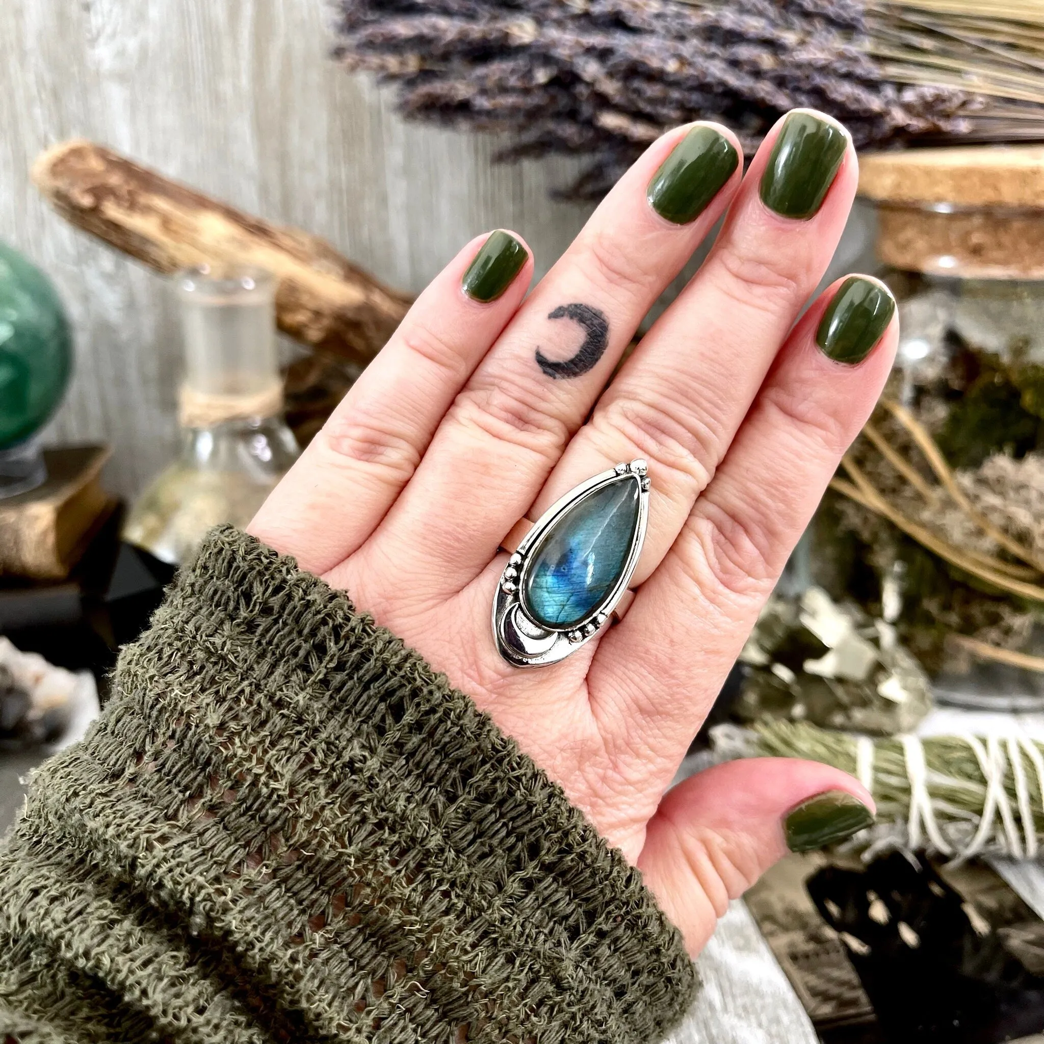 Midnight Moon Labradorite Crystal Ring in Sterling Silver / Designed by FOXLARK - Adjustable to Size 6 7 8 9