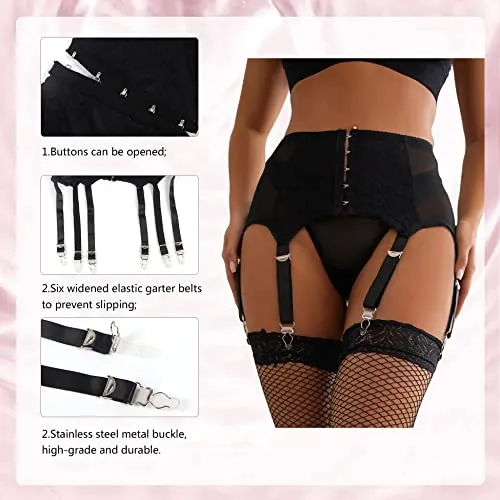 ohyeahqueen Women's Mesh Plus Size Garter Belt High Waisted Suspender Belt with 6 Metal Clips for Stockings/Lingerie, Black, 1X-2X