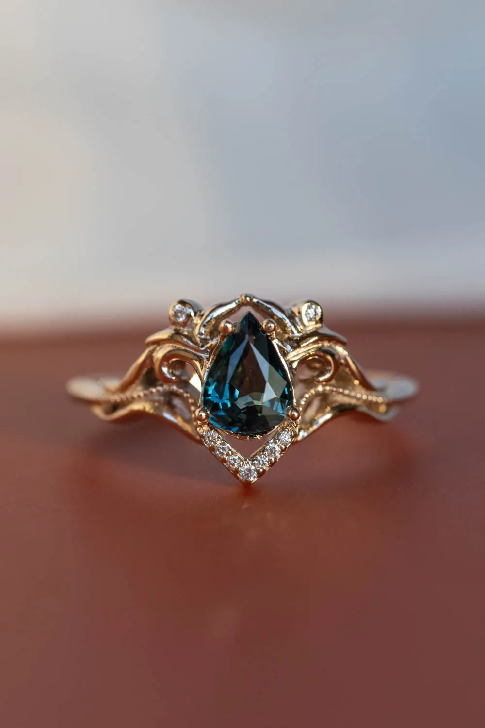 Pear sapphire engagement ring, blue gemstone gold proposal ring / Lida small