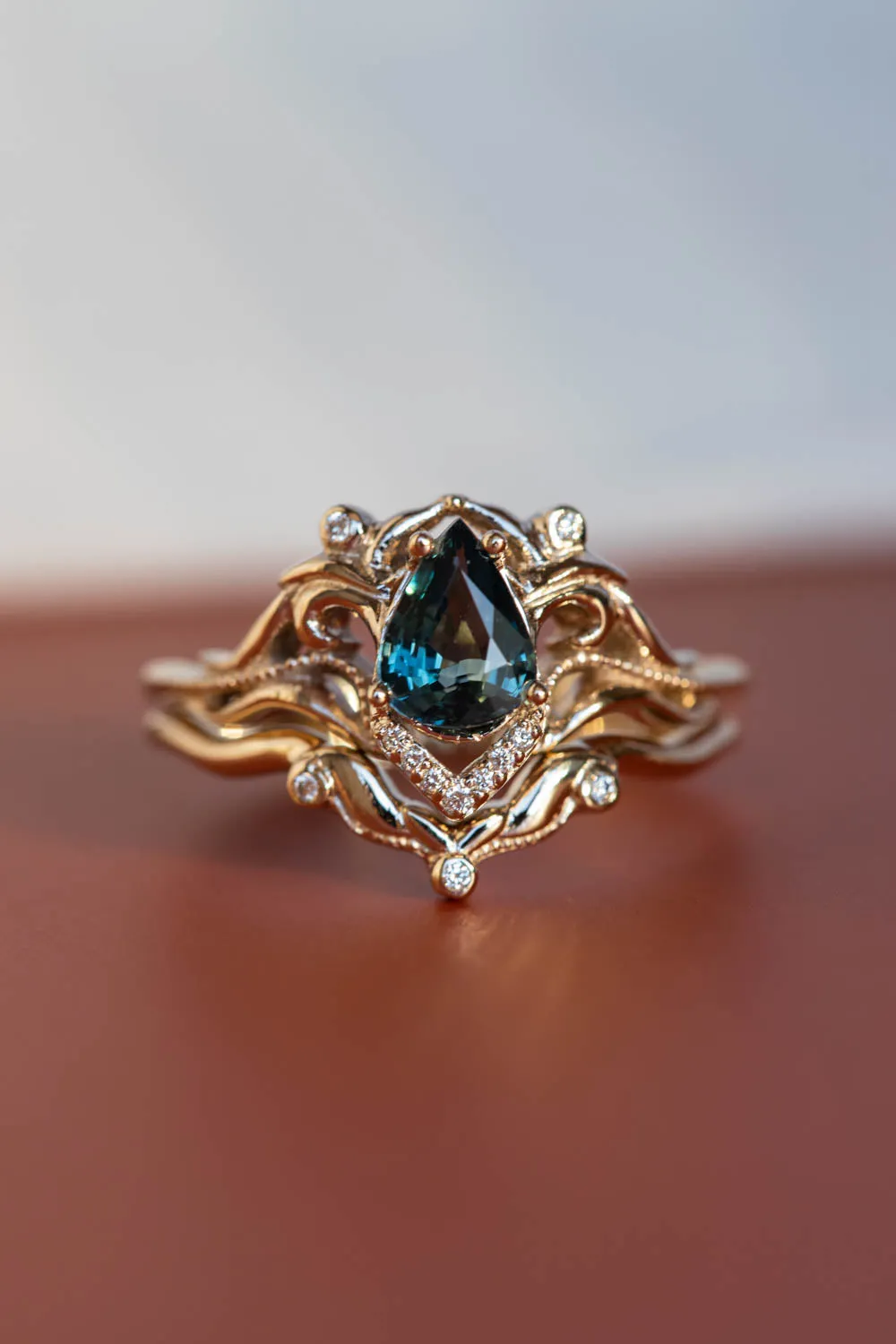 Pear sapphire engagement ring, blue gemstone gold proposal ring / Lida small