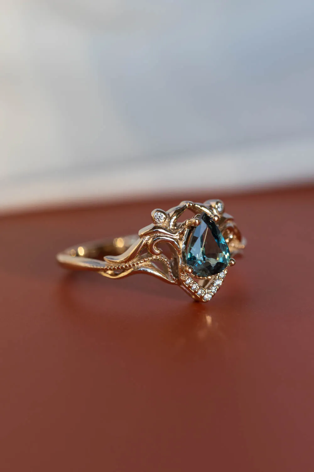 Pear sapphire engagement ring, blue gemstone gold proposal ring / Lida small