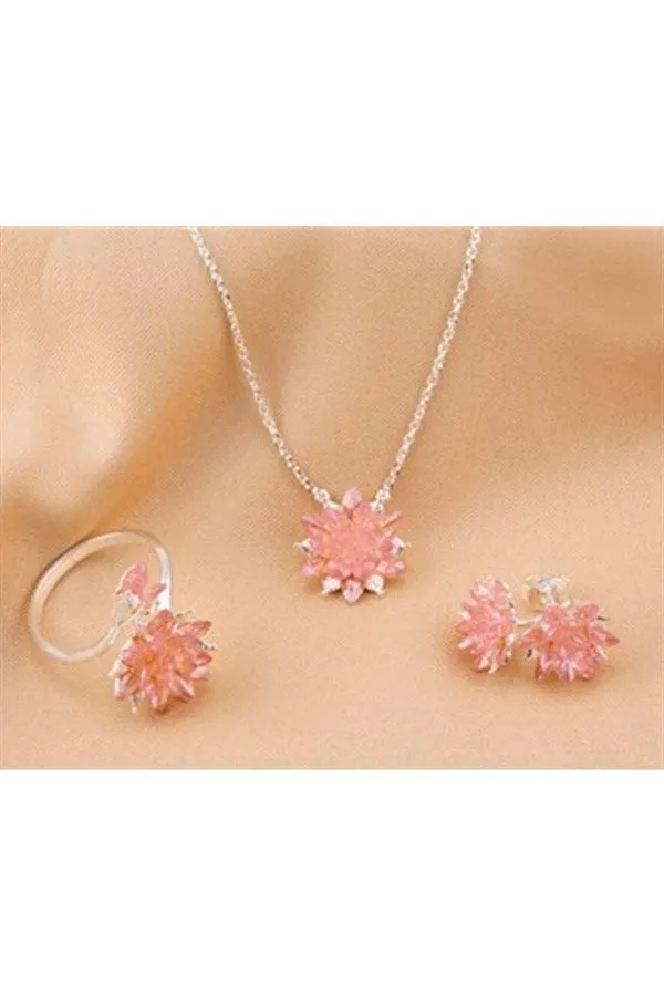 PINK Lotus Flower Design Necklace - Earring - Ring Set / Sterling Silver