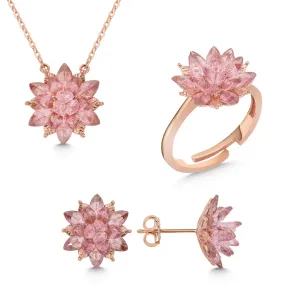 PINK Lotus Flower Design Necklace - Earring - Ring Set / Sterling Silver