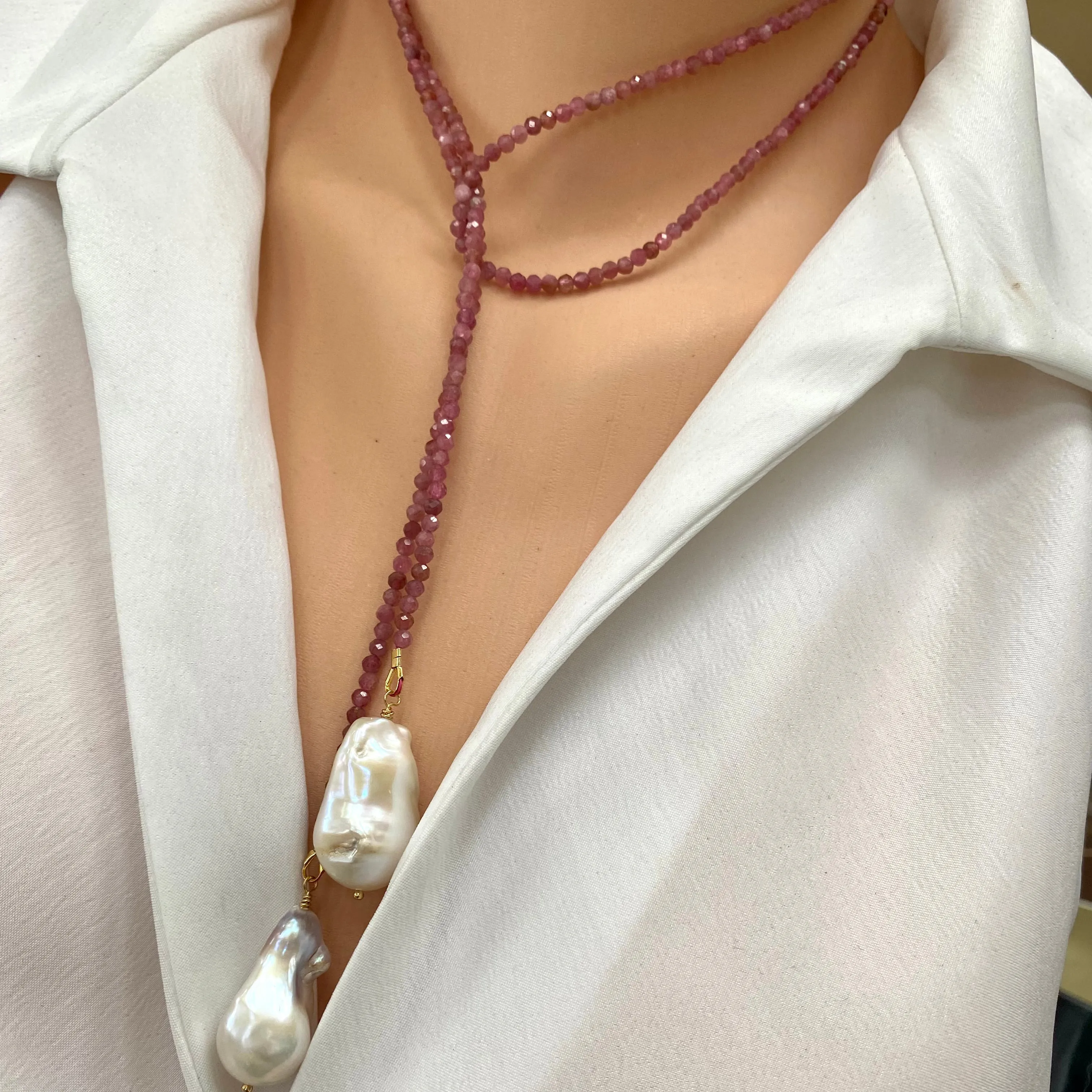 Pink Tourmaline & two Large Baroque Pearls Lariat Necklace, October Birthstone