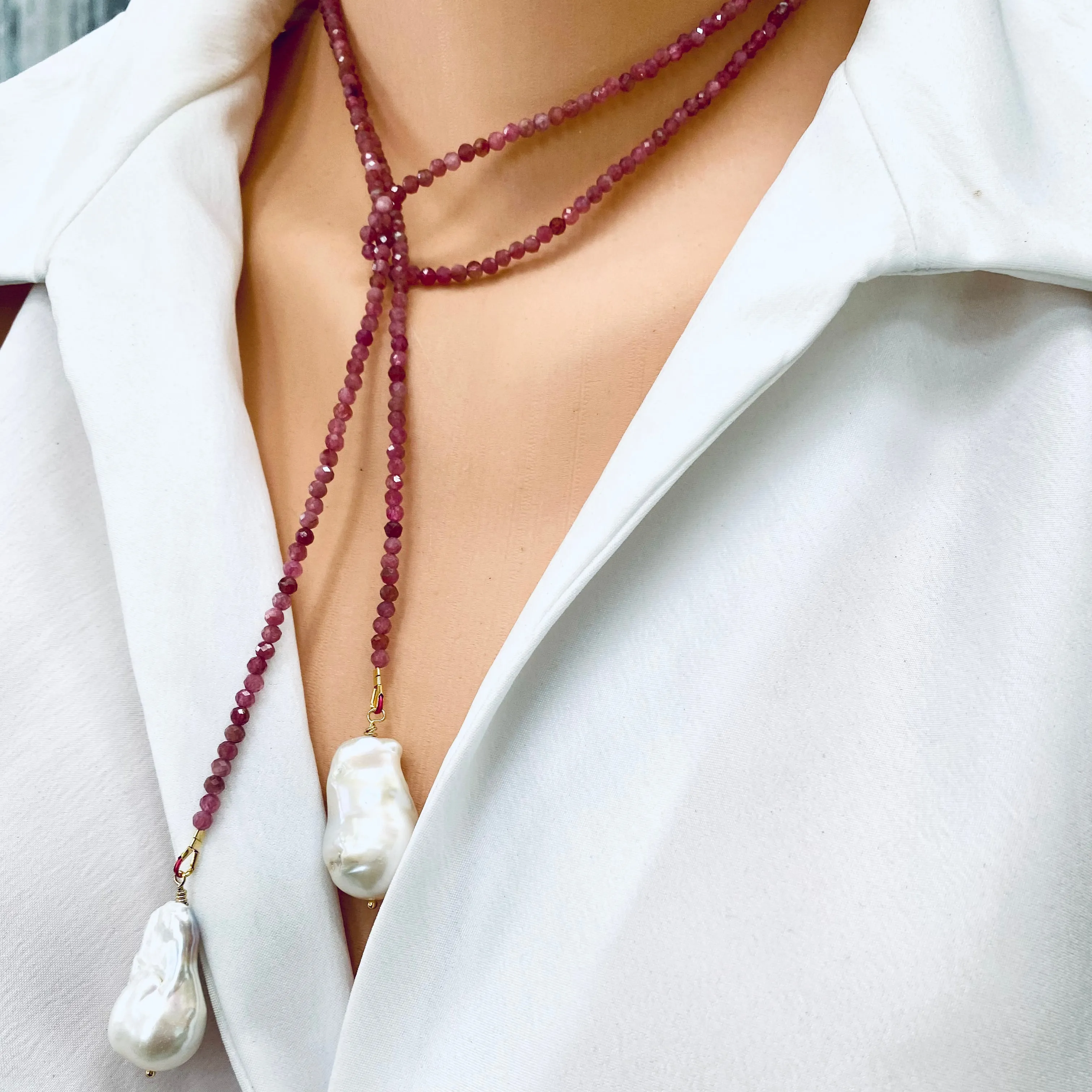 Pink Tourmaline & two Large Baroque Pearls Lariat Necklace, October Birthstone