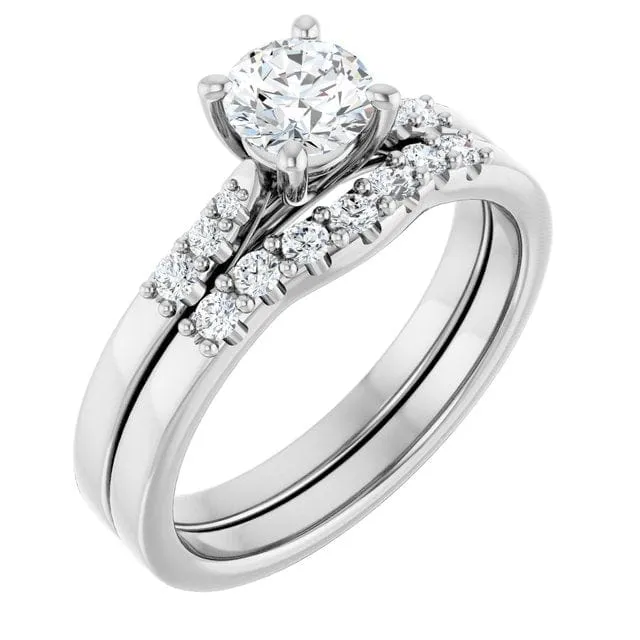 Prong Set Moissanite Natalie Engagement Ring with Accented 14k white gold Cathedral Shank, Ready to Ship