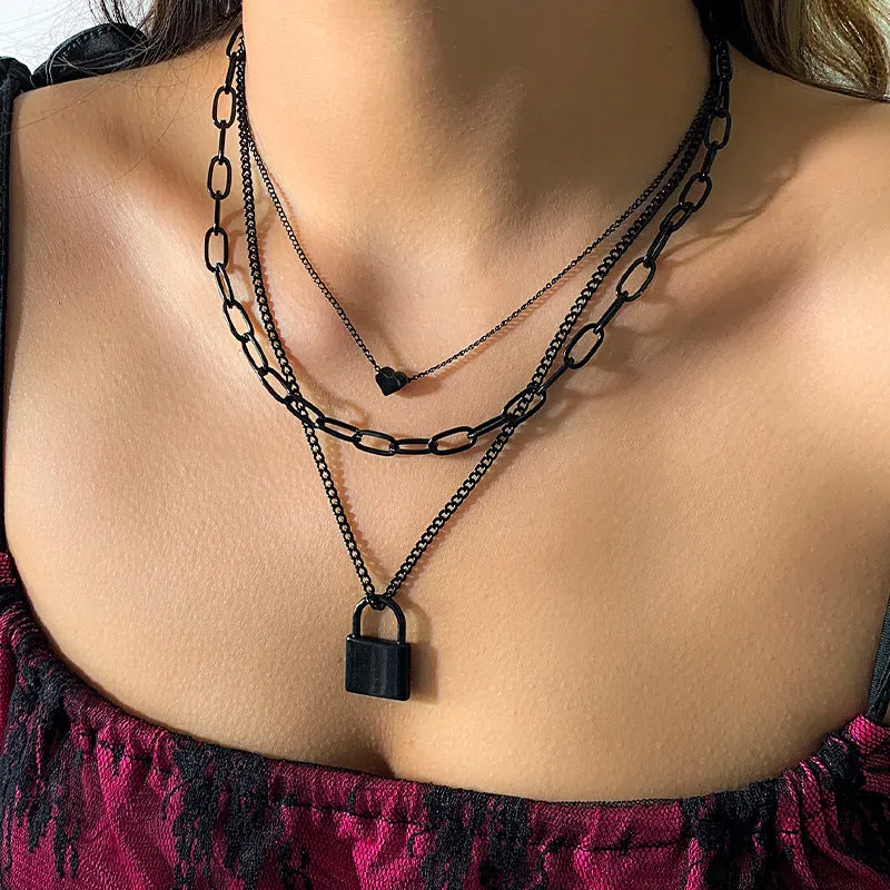 Punk-Style 1-Pc Three-Layer Chain Necklace with Heart & Lock Pendant - Adjustable for Clavicle - Black Leather Cord