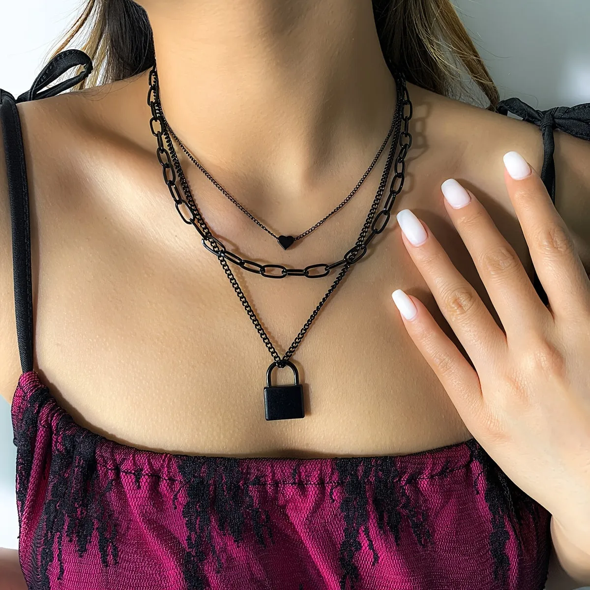 Punk-Style 1-Pc Three-Layer Chain Necklace with Heart & Lock Pendant - Adjustable for Clavicle - Black Leather Cord