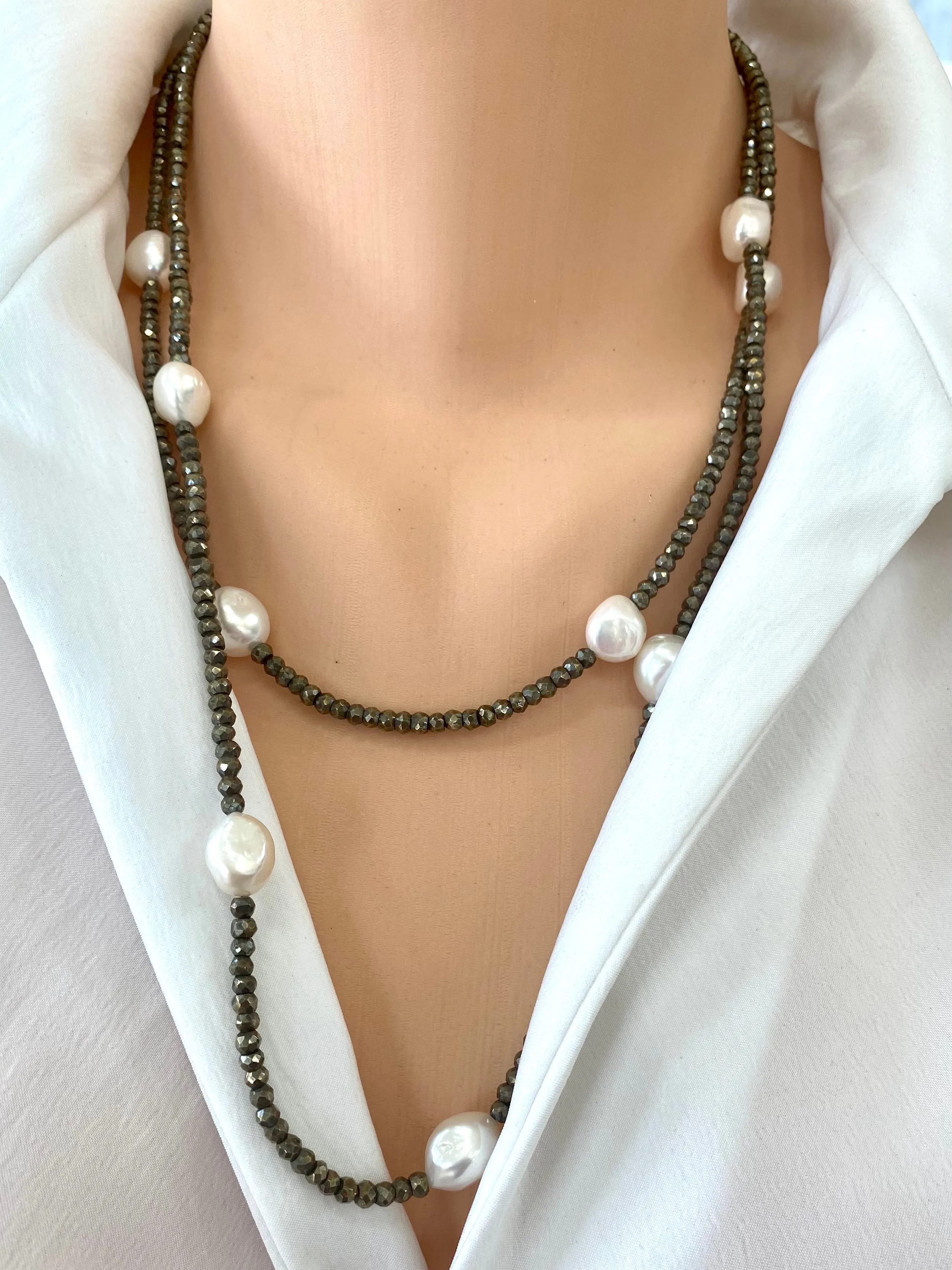 Pyrite & Pearl Long Necklace For Woman