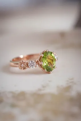 READY TO SHIP: Fiorella in 14K rose gold, oval peridot 8x6 mm, moissanites, RING SIZE - 5.75 US