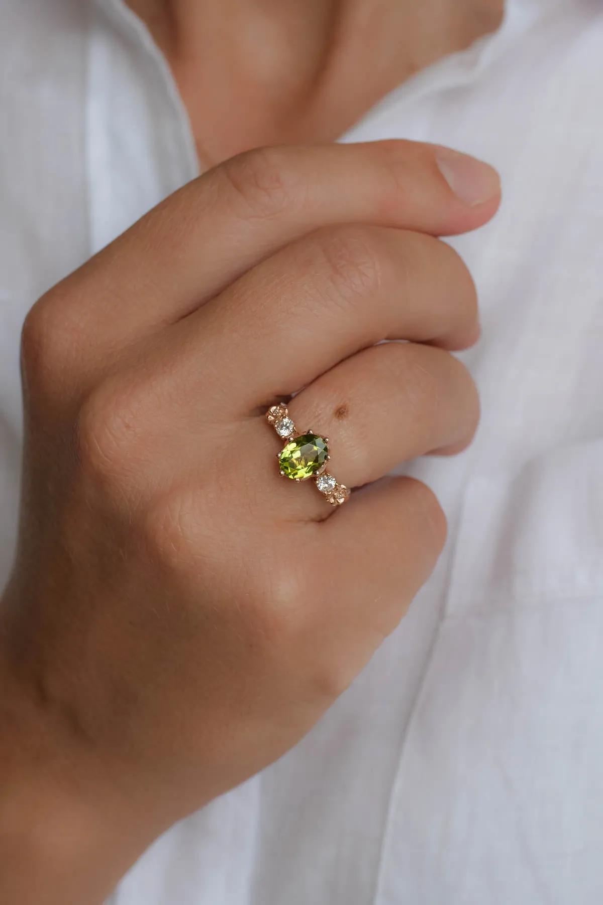 READY TO SHIP: Fiorella in 14K rose gold, oval peridot 8x6 mm, moissanites, RING SIZE - 5.75 US