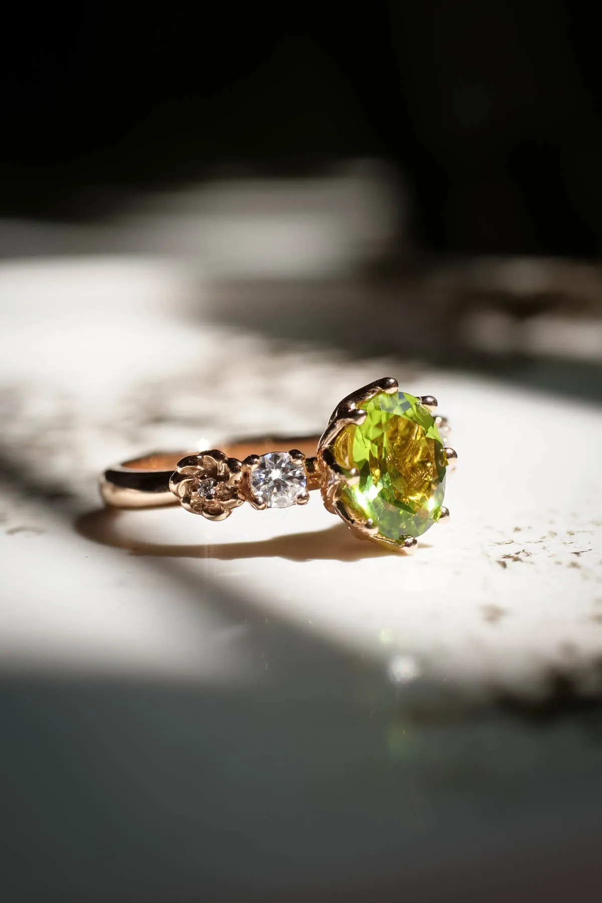 READY TO SHIP: Fiorella in 14K rose gold, oval peridot 8x6 mm, moissanites, RING SIZE - 5.75 US