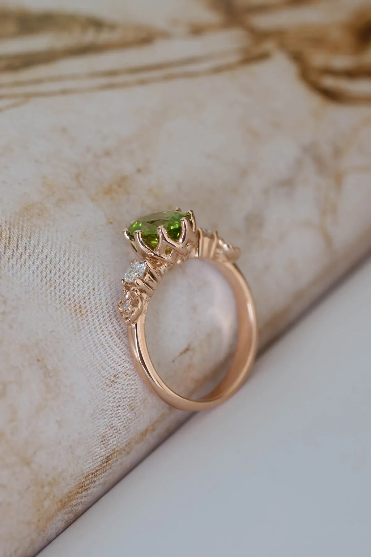 READY TO SHIP: Fiorella in 14K rose gold, oval peridot 8x6 mm, moissanites, RING SIZE - 5.75 US