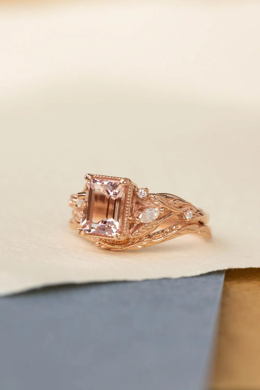 READY TO SHIP: Patricia ring set in 14K rose gold, natural morganite emerald cut 8x6 mm, accent moissanites, AVAILABLE RING SIZES: 6-8US