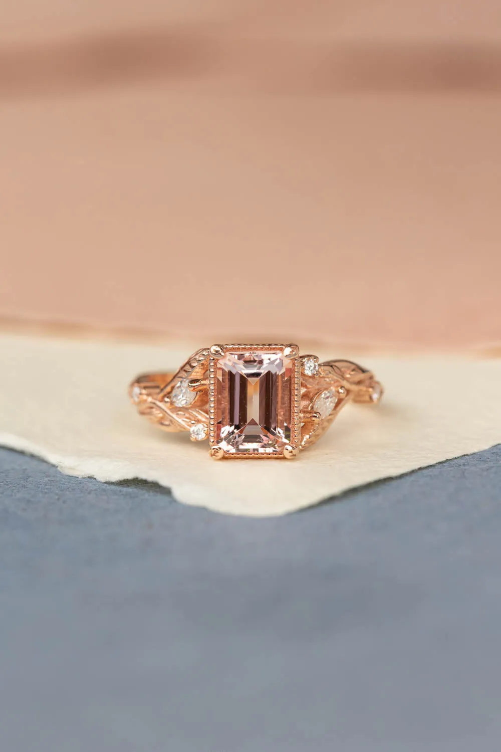 READY TO SHIP: Patricia ring set in 14K rose gold, natural morganite emerald cut 8x6 mm, accent moissanites, AVAILABLE RING SIZES: 6-8US