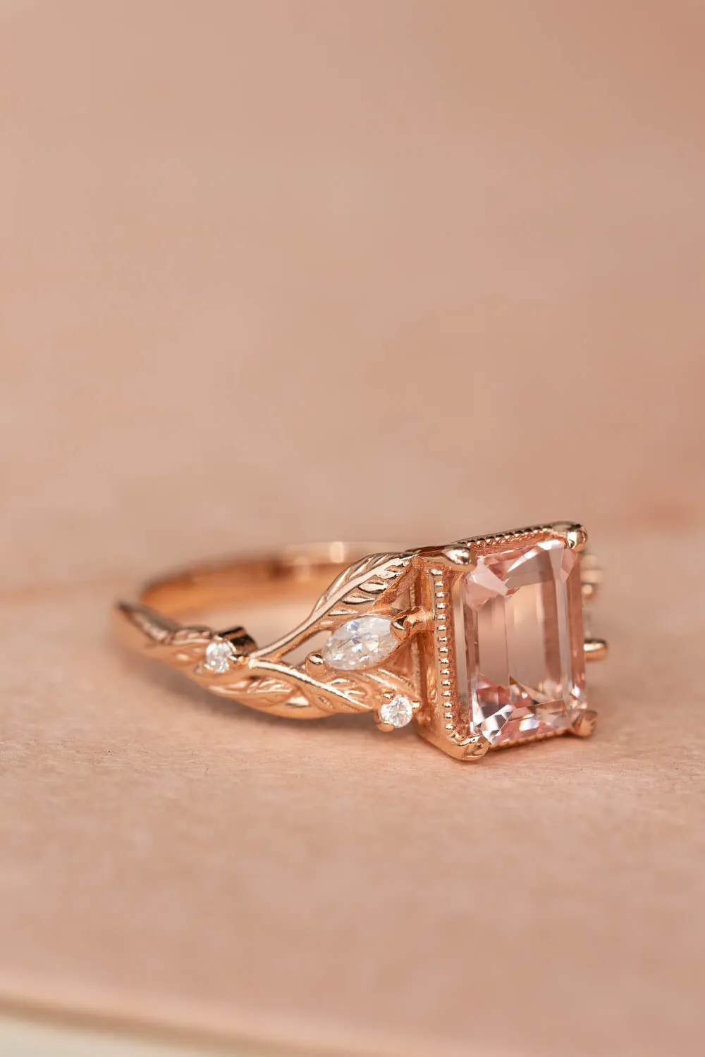 READY TO SHIP: Patricia ring set in 14K rose gold, natural morganite emerald cut 8x6 mm, accent moissanites, AVAILABLE RING SIZES: 6-8US