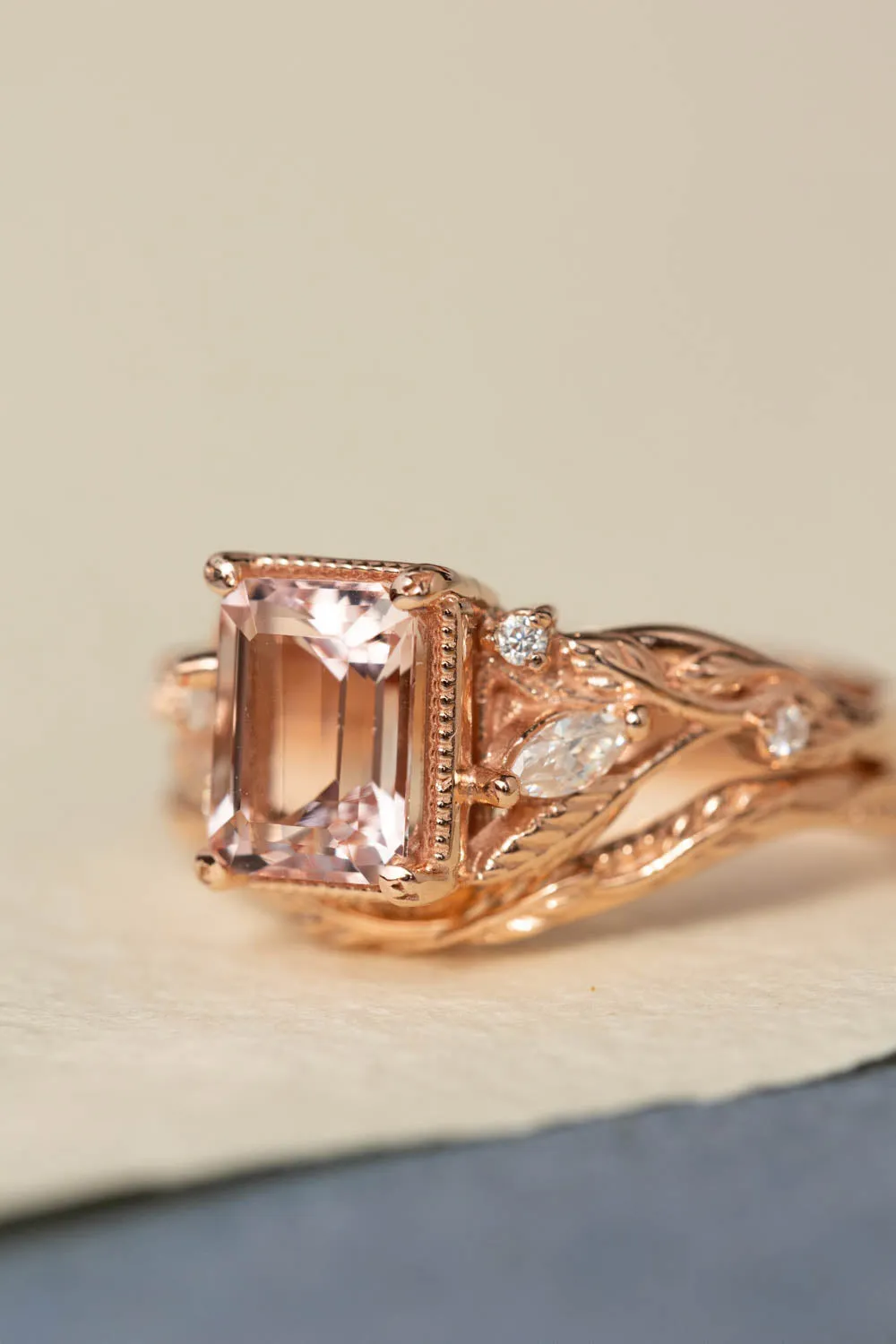 READY TO SHIP: Patricia ring set in 14K rose gold, natural morganite emerald cut 8x6 mm, accent moissanites, AVAILABLE RING SIZES: 6-8US