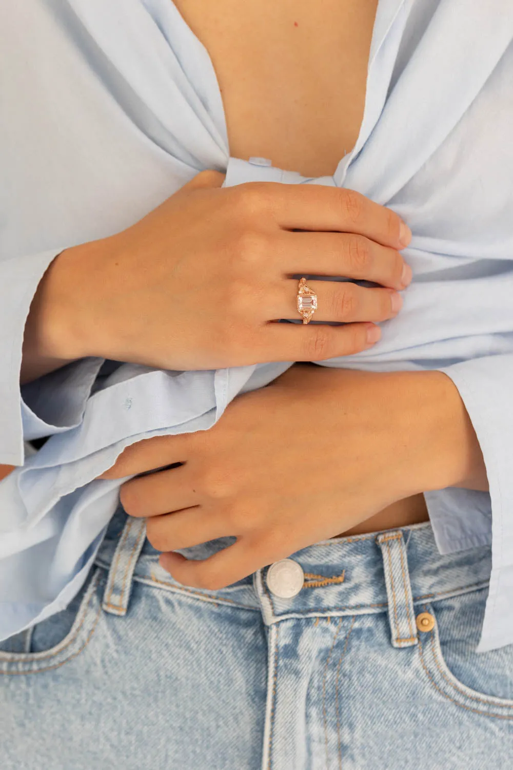 READY TO SHIP: Patricia ring set in 14K rose gold, natural morganite emerald cut 8x6 mm, accent moissanites, AVAILABLE RING SIZES: 6-8US