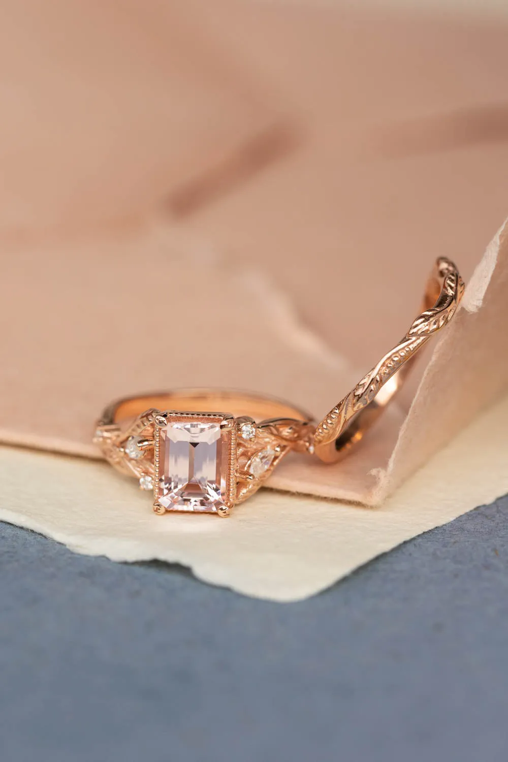 READY TO SHIP: Patricia ring set in 14K rose gold, natural morganite emerald cut 8x6 mm, accent moissanites, AVAILABLE RING SIZES: 6-8US