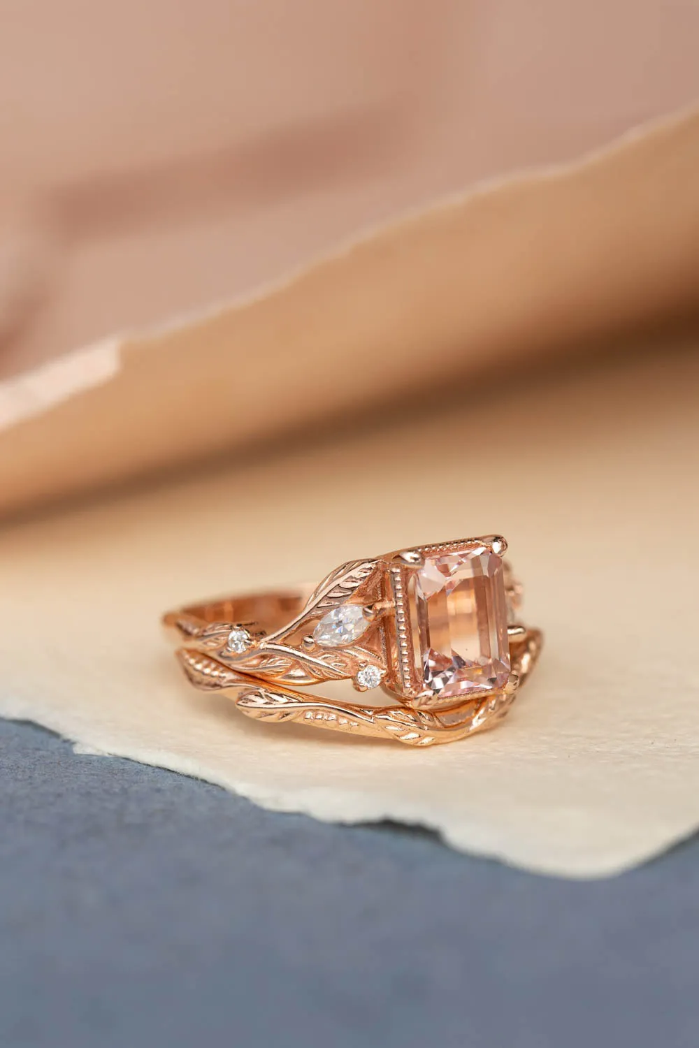 READY TO SHIP: Patricia ring set in 14K rose gold, natural morganite emerald cut 8x6 mm, accent moissanites, AVAILABLE RING SIZES: 6-8US