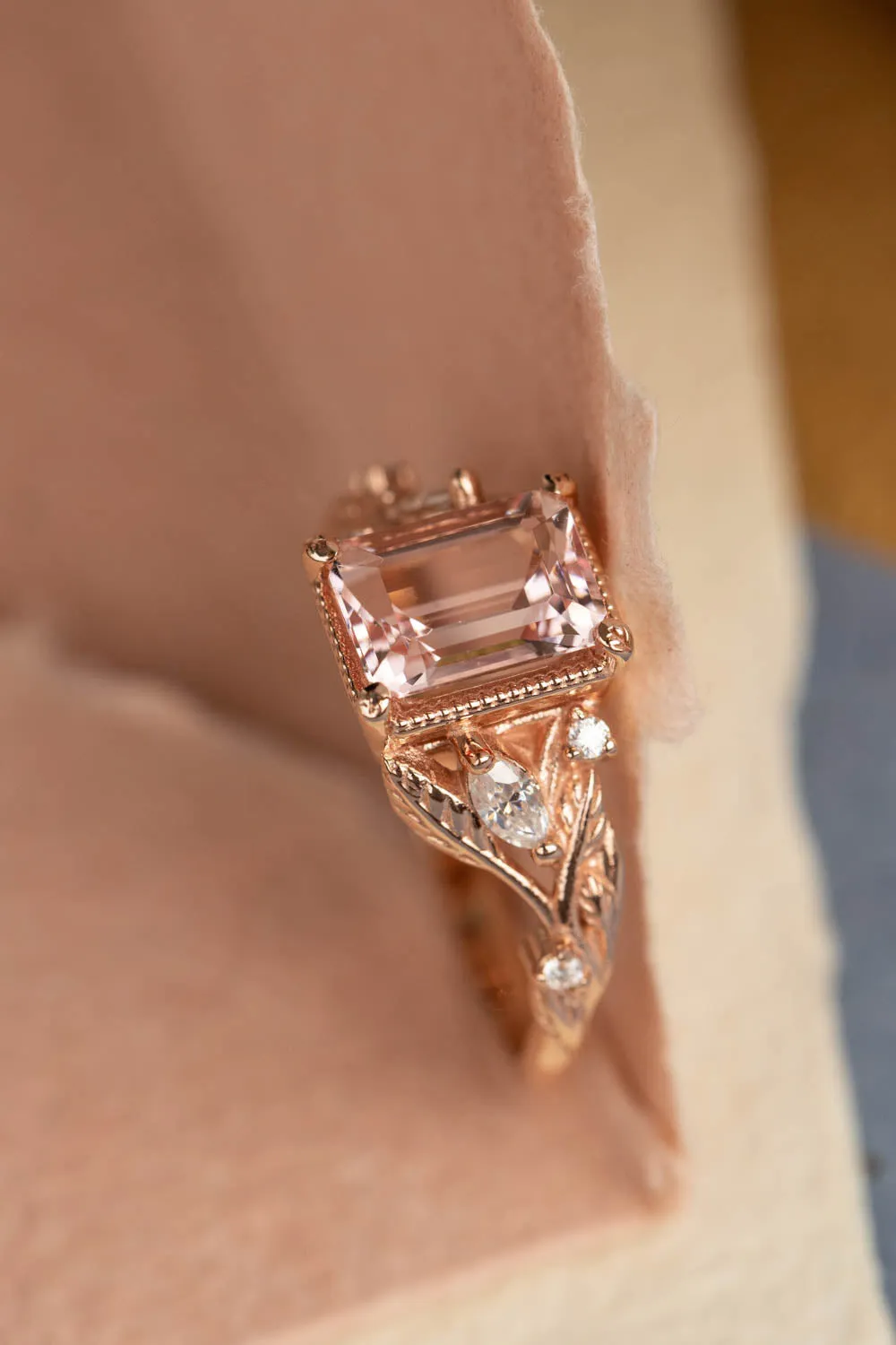 READY TO SHIP: Patricia ring set in 14K rose gold, natural morganite emerald cut 8x6 mm, accent moissanites, AVAILABLE RING SIZES: 6-8US