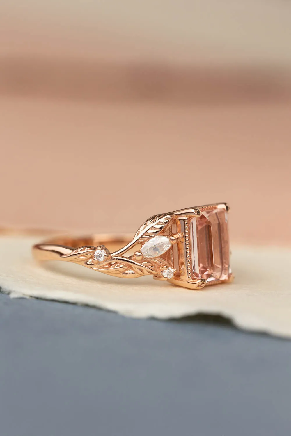 READY TO SHIP: Patricia ring set in 14K rose gold, natural morganite emerald cut 8x6 mm, accent moissanites, AVAILABLE RING SIZES: 6-8US