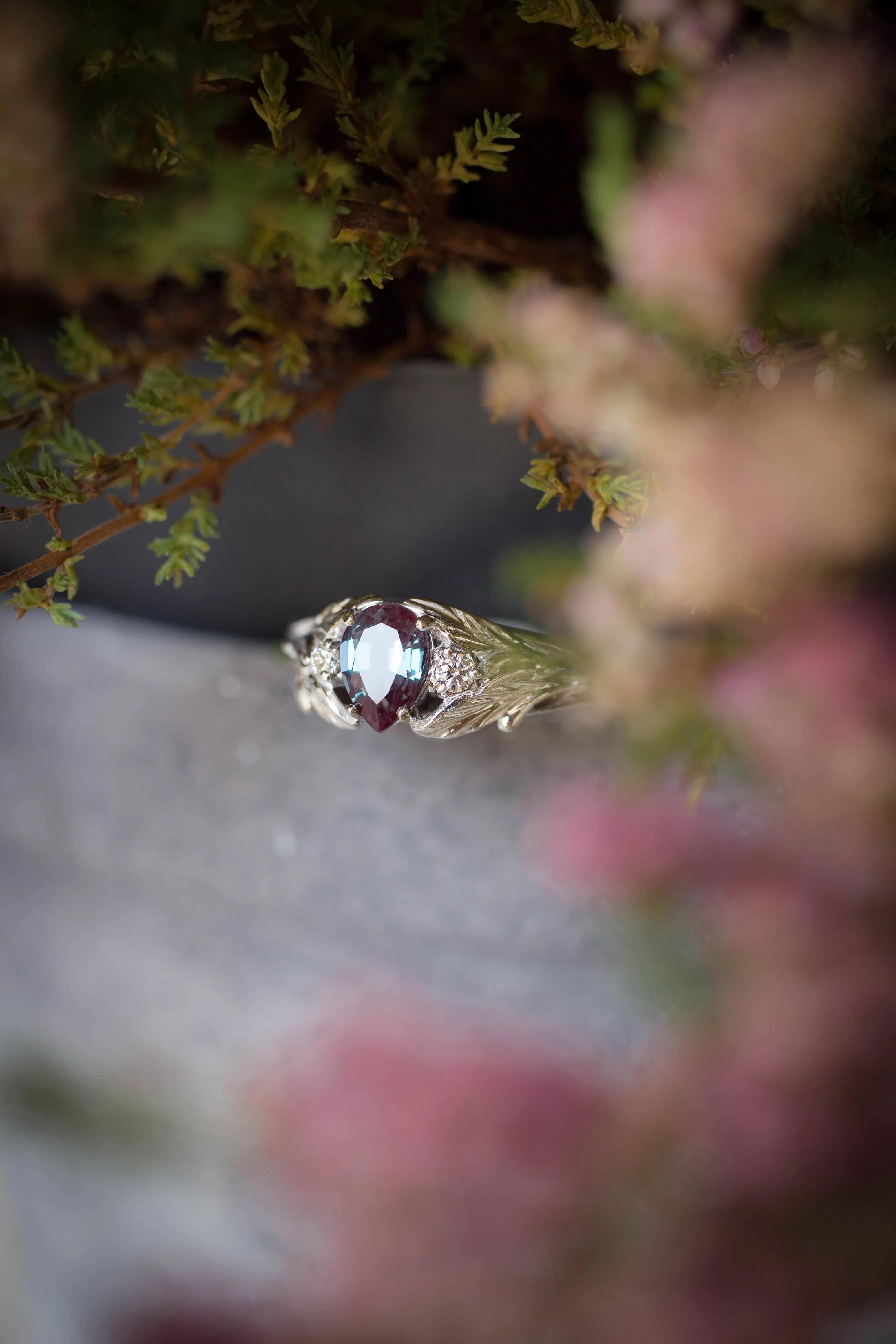 READY TO SHIP: Wisteria in 14K white gold, pear alexandrite 7x5 mm, diamonds, AVAILABLE RING SIZES - 9US