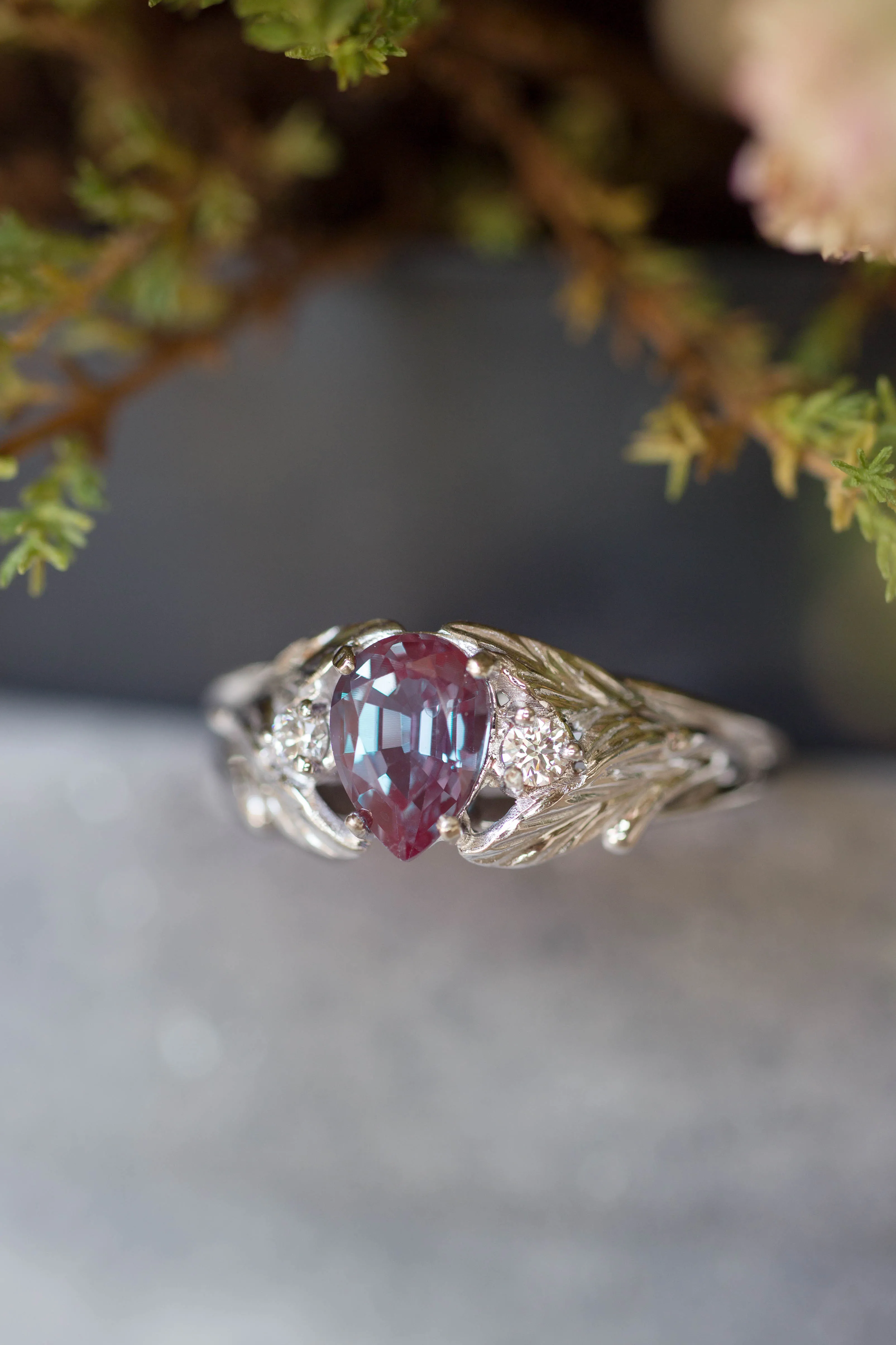 READY TO SHIP: Wisteria in 14K white gold, pear alexandrite 7x5 mm, diamonds, AVAILABLE RING SIZES - 9US