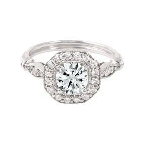 Round Diamond Squared Halo Vintage Inspired Engagement Ring