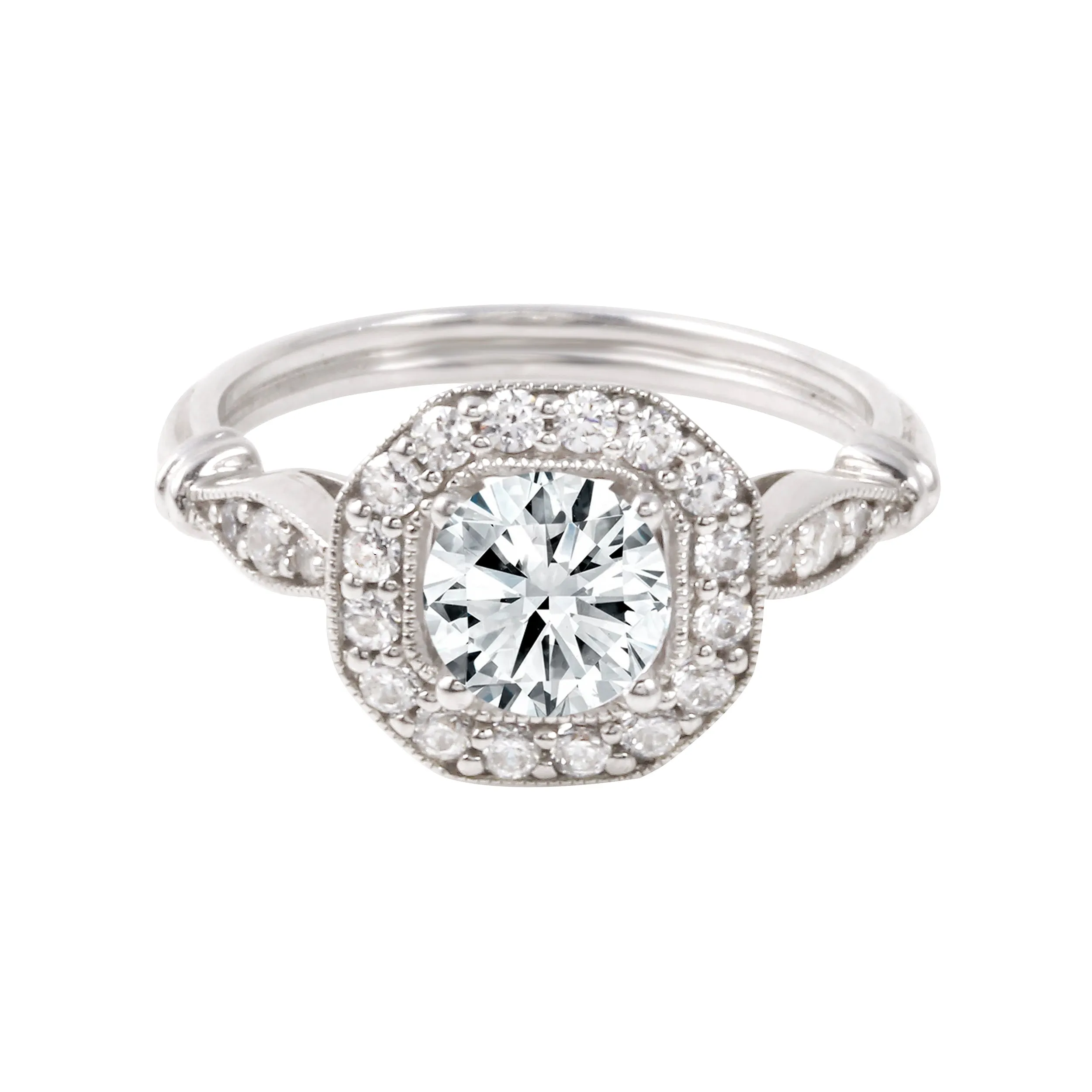 Round Diamond Squared Halo Vintage Inspired Engagement Ring