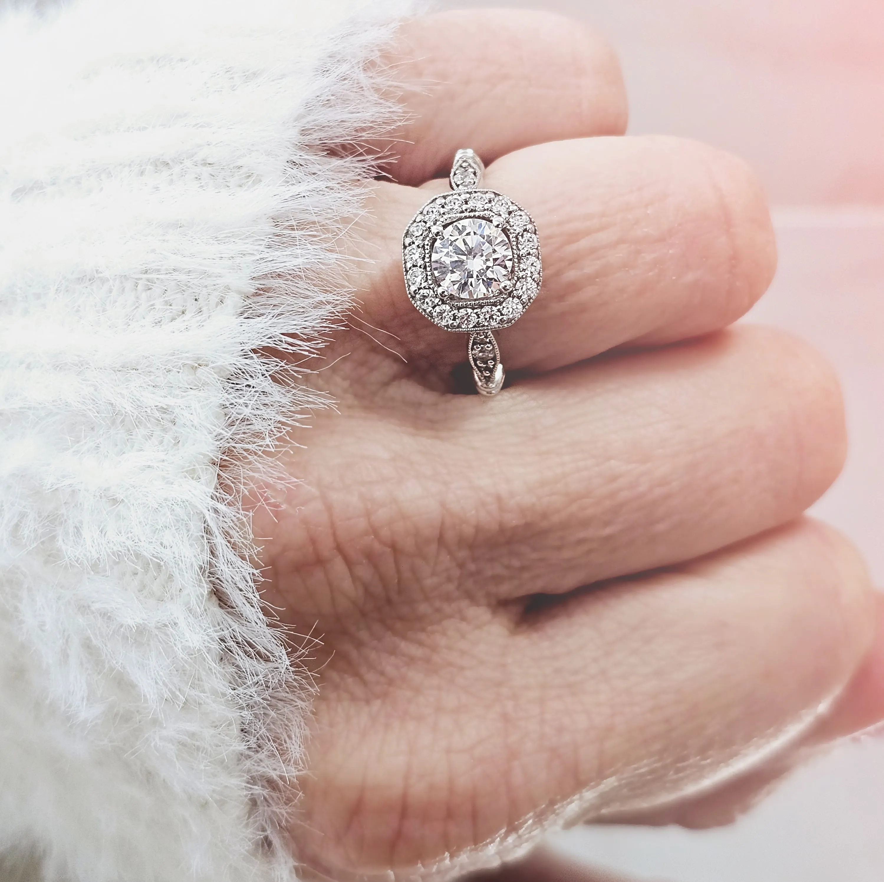 Round Diamond Squared Halo Vintage Inspired Engagement Ring