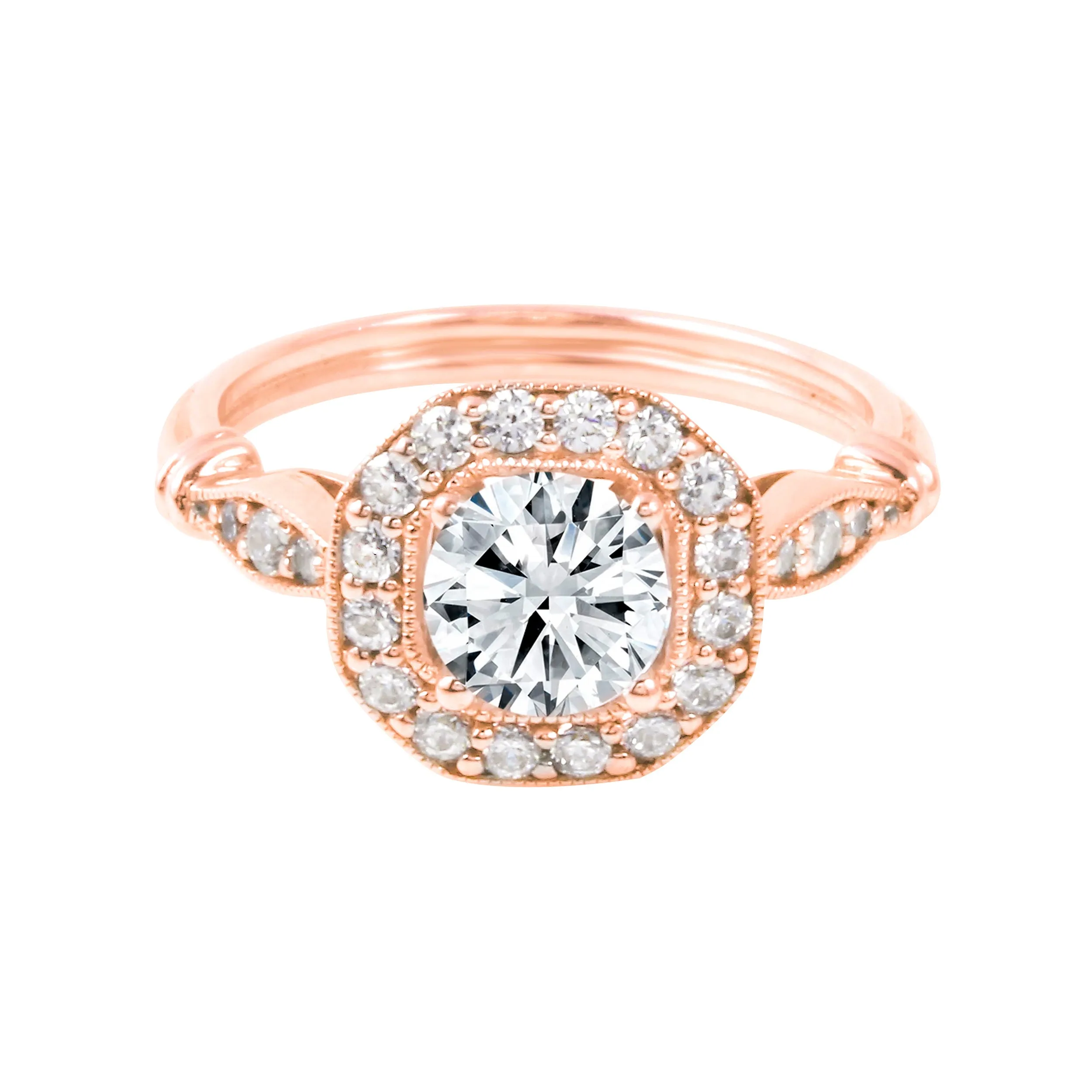 Round Diamond Squared Halo Vintage Inspired Engagement Ring