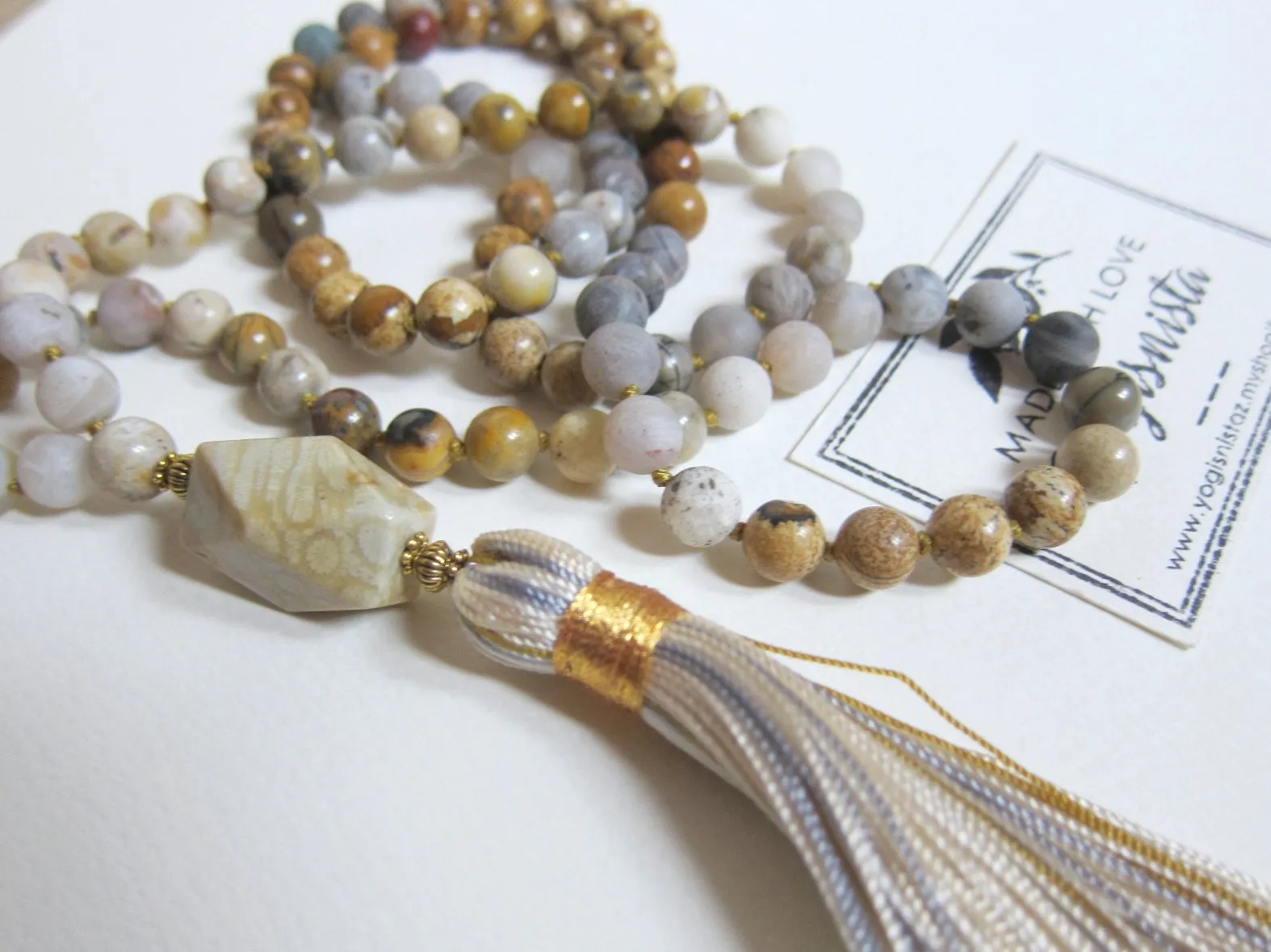 SALE - Fossil Coral, Crazy Agate, Jasper Mala Tassel Necklace