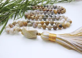 SALE - Fossil Coral, Crazy Agate, Jasper Mala Tassel Necklace