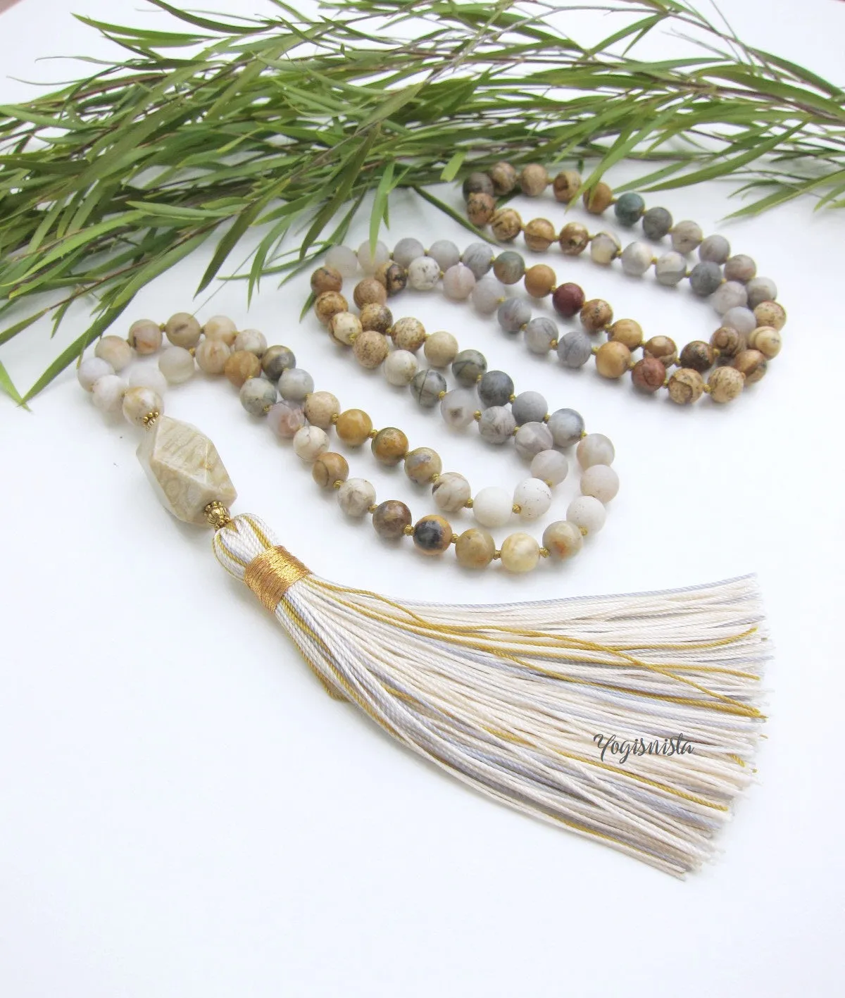 SALE - Fossil Coral, Crazy Agate, Jasper Mala Tassel Necklace