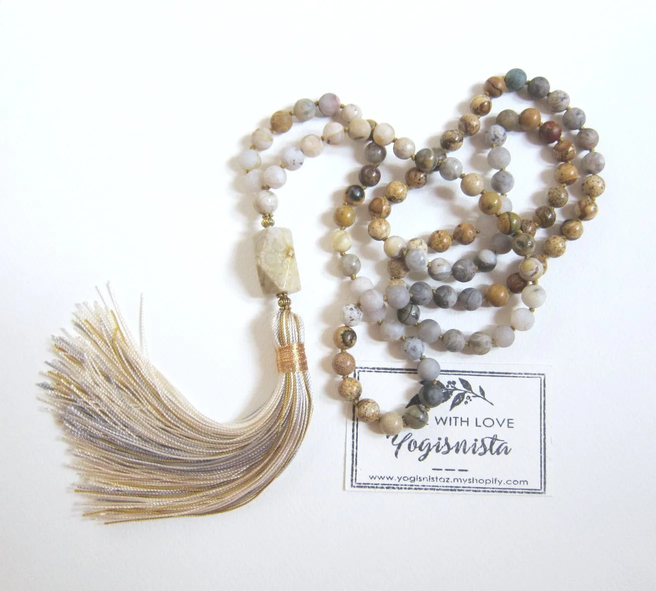 SALE - Fossil Coral, Crazy Agate, Jasper Mala Tassel Necklace