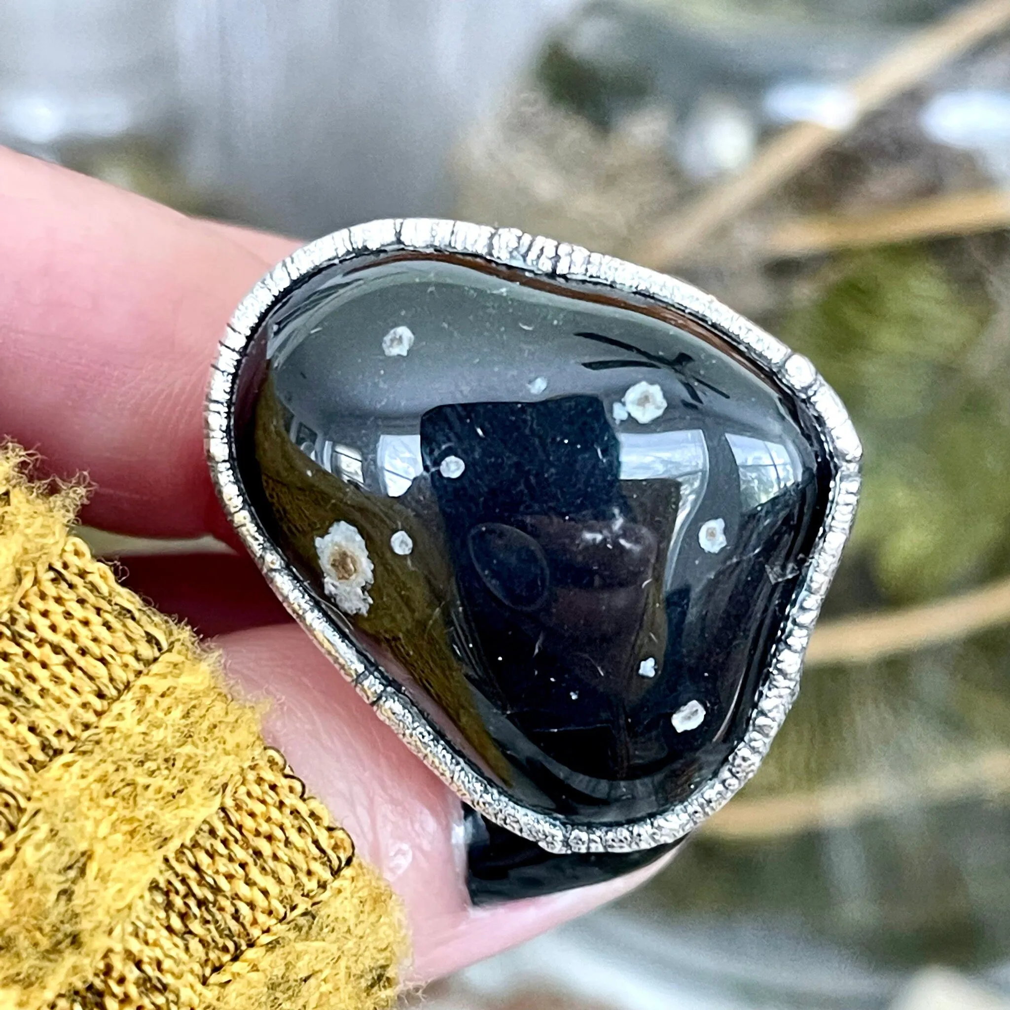 Size 9 Natural Black Tumbled Stone Agate Ring in Fine Silver/ Foxlark Collection - One of a Kind