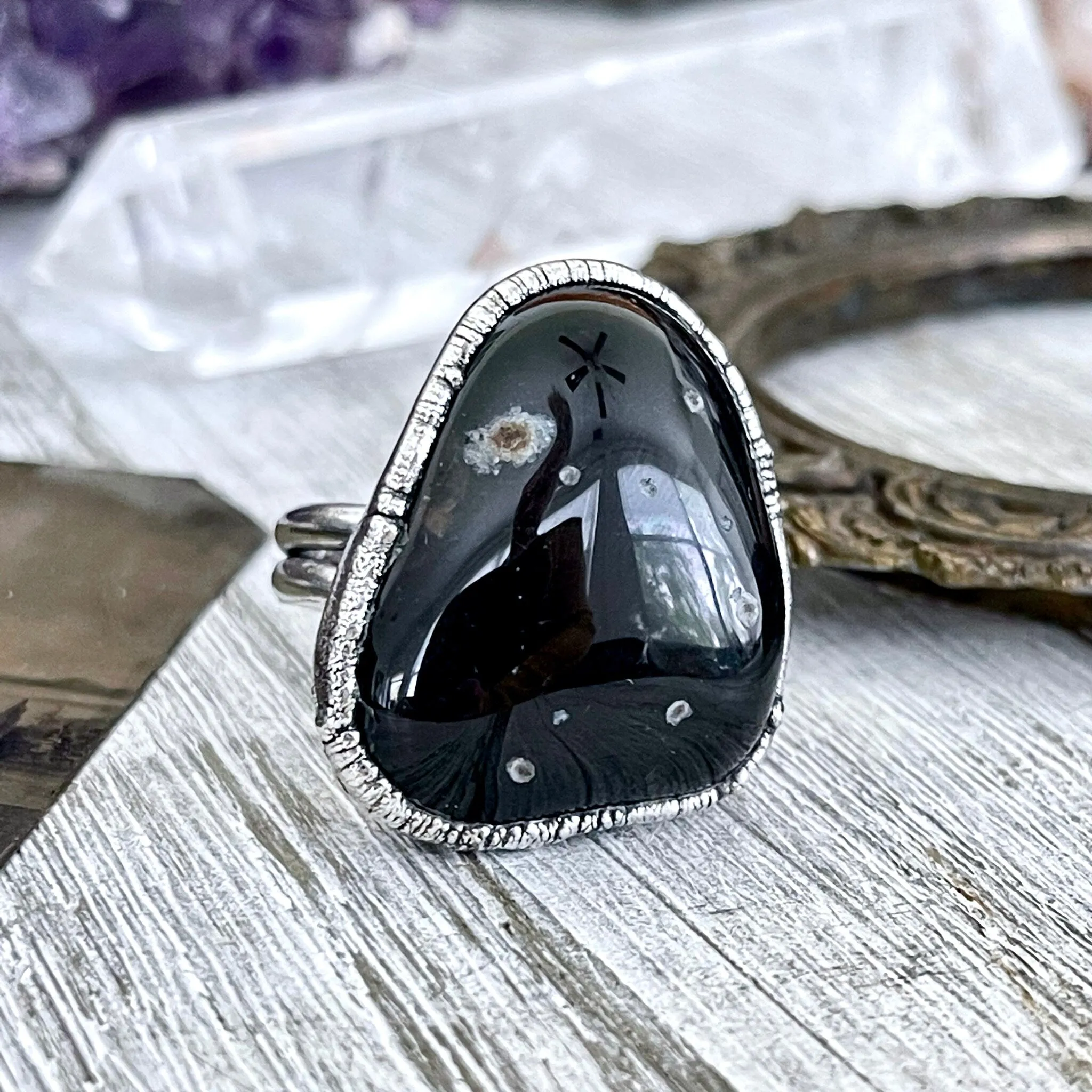 Size 9 Natural Black Tumbled Stone Agate Ring in Fine Silver/ Foxlark Collection - One of a Kind