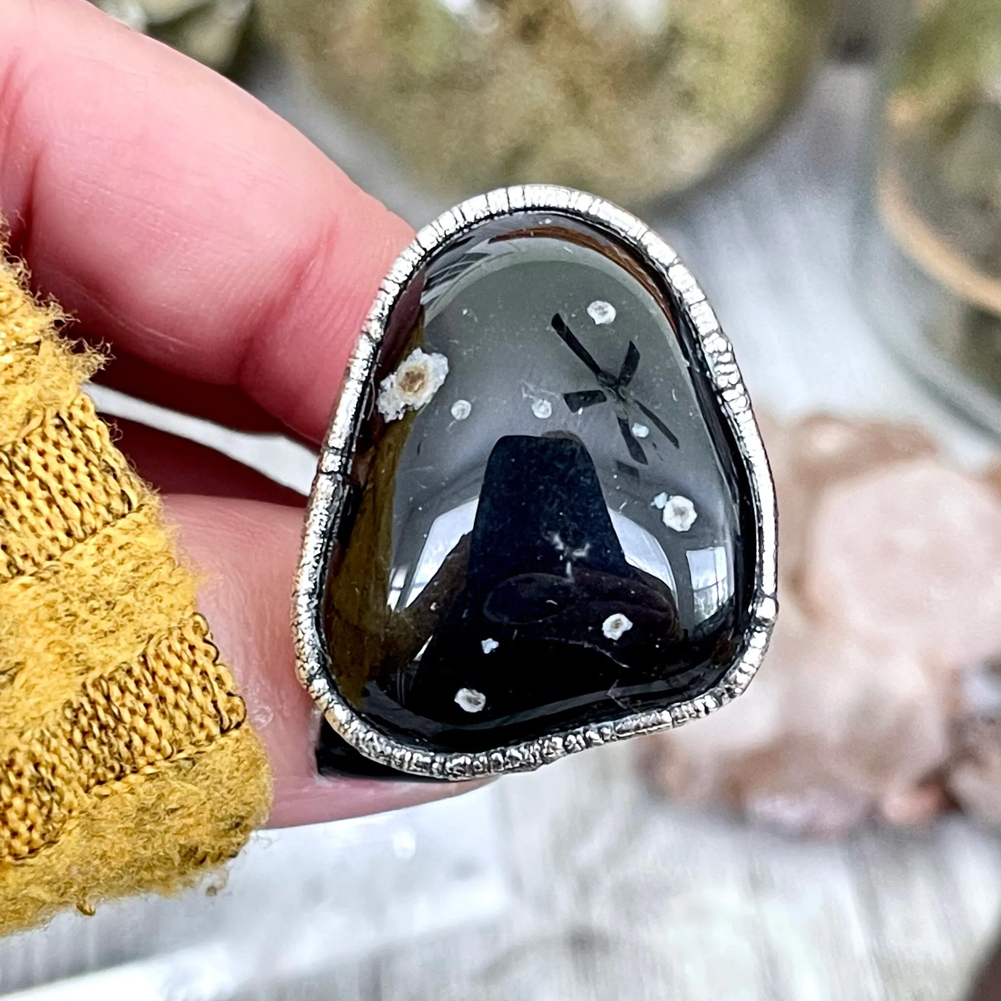 Size 9 Natural Black Tumbled Stone Agate Ring in Fine Silver/ Foxlark Collection - One of a Kind