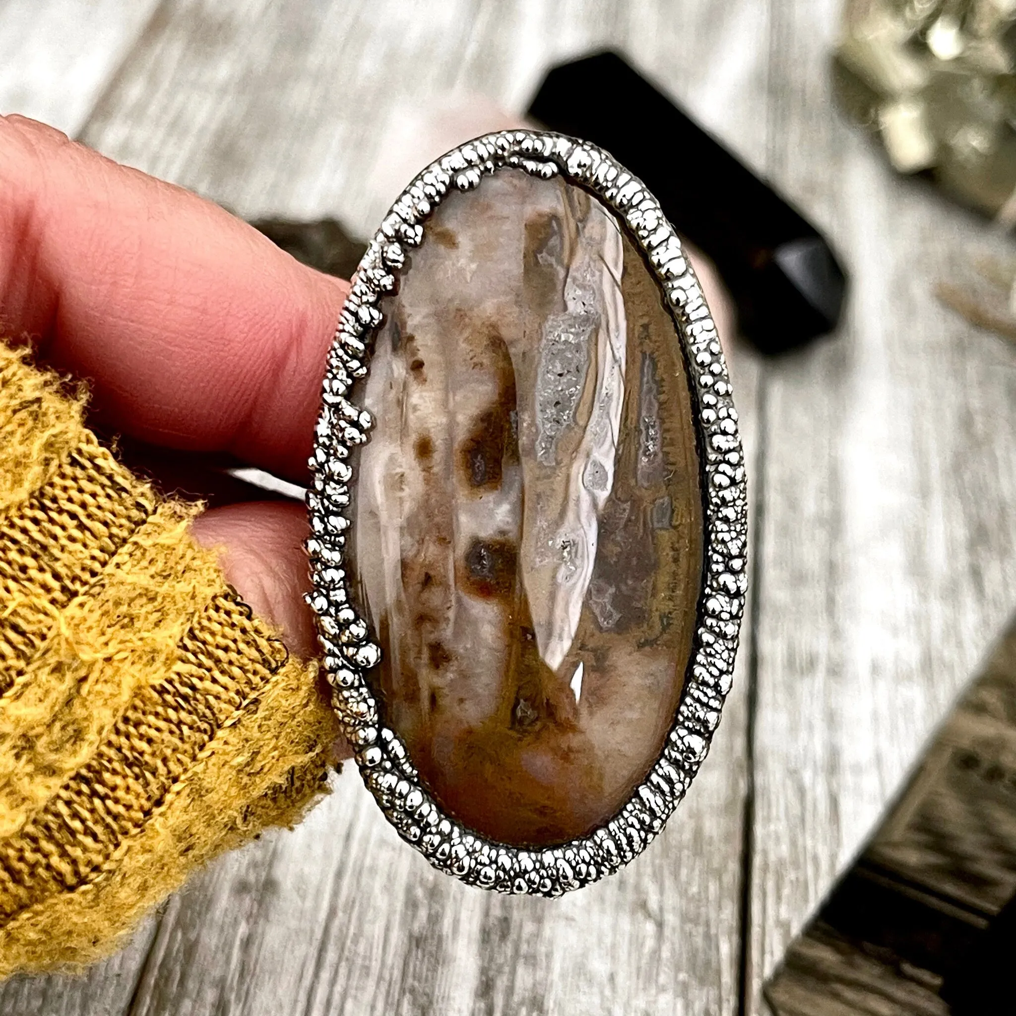 Size 9 Silver Natural Fancy Moss Agate Crystal Statement Ring / Foxlark Collection - One of a Kind