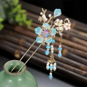 Sky Blue Pink Flower Pearl Wedding Bridal Hair Pin Headwear