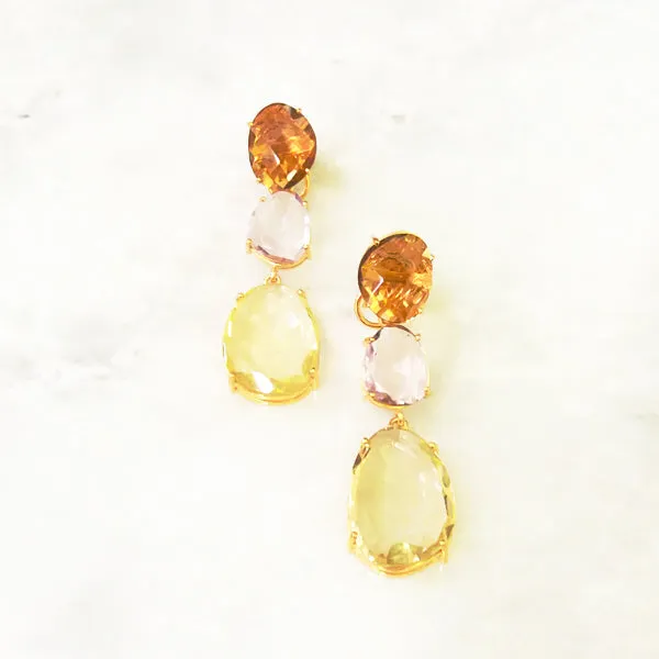 Smokey Quartz Stud with Amethyst & Lemon Quartz Twinset Earrings