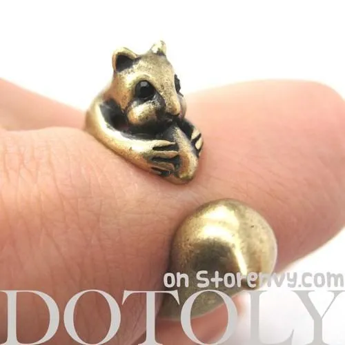 Squirrel Chipmunk With Acorn Animal Wrap Around Ring in Brass | US Sizes 5 - 9