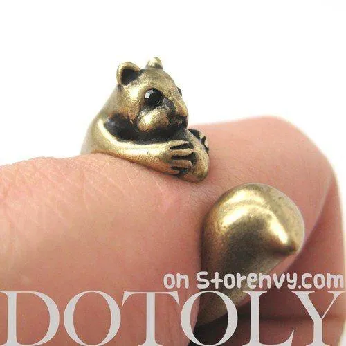 Squirrel Chipmunk With Acorn Animal Wrap Around Ring in Brass | US Sizes 5 - 9