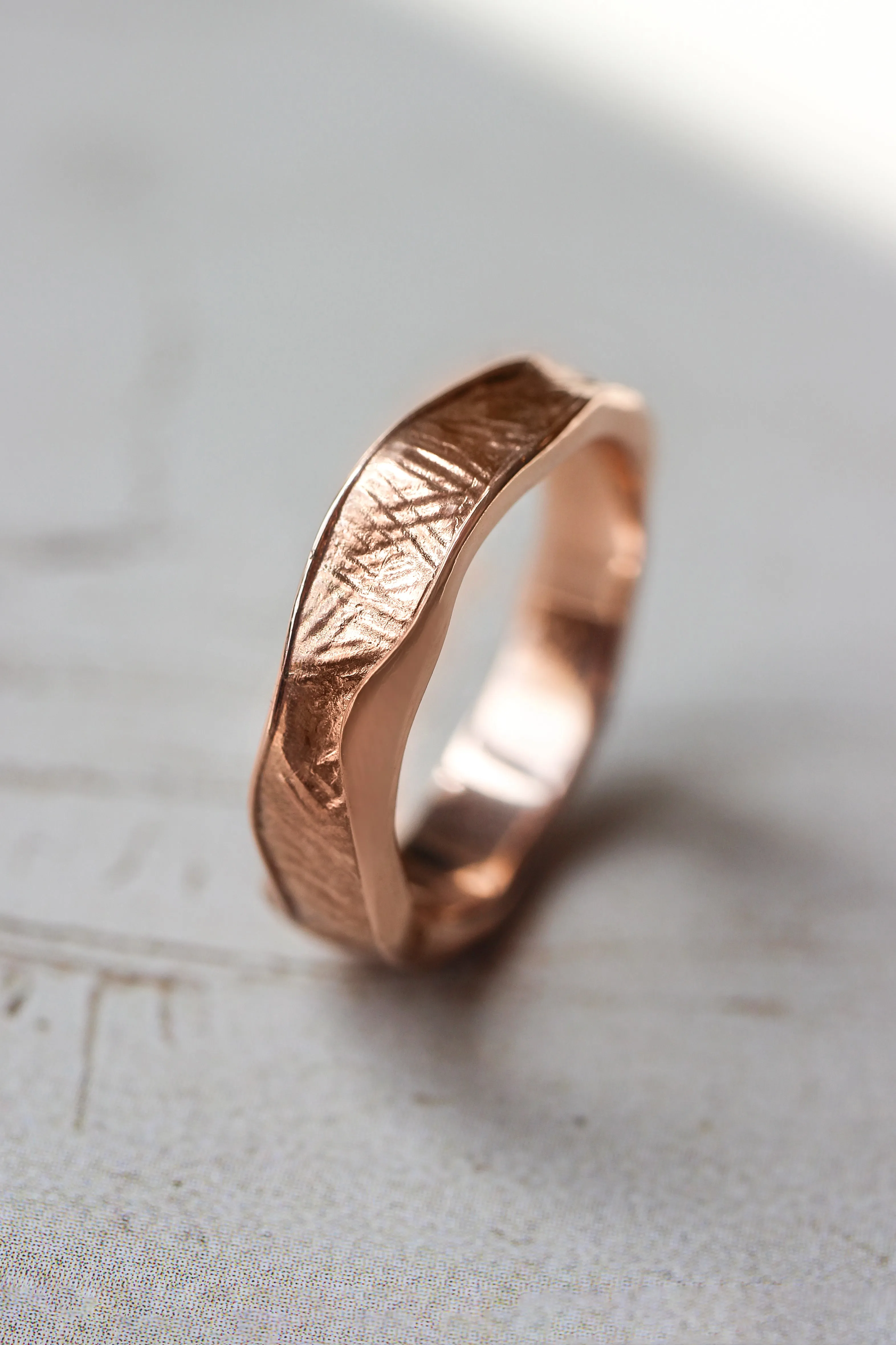 Textured wedding bands set for couple, melted rings with fabric texture