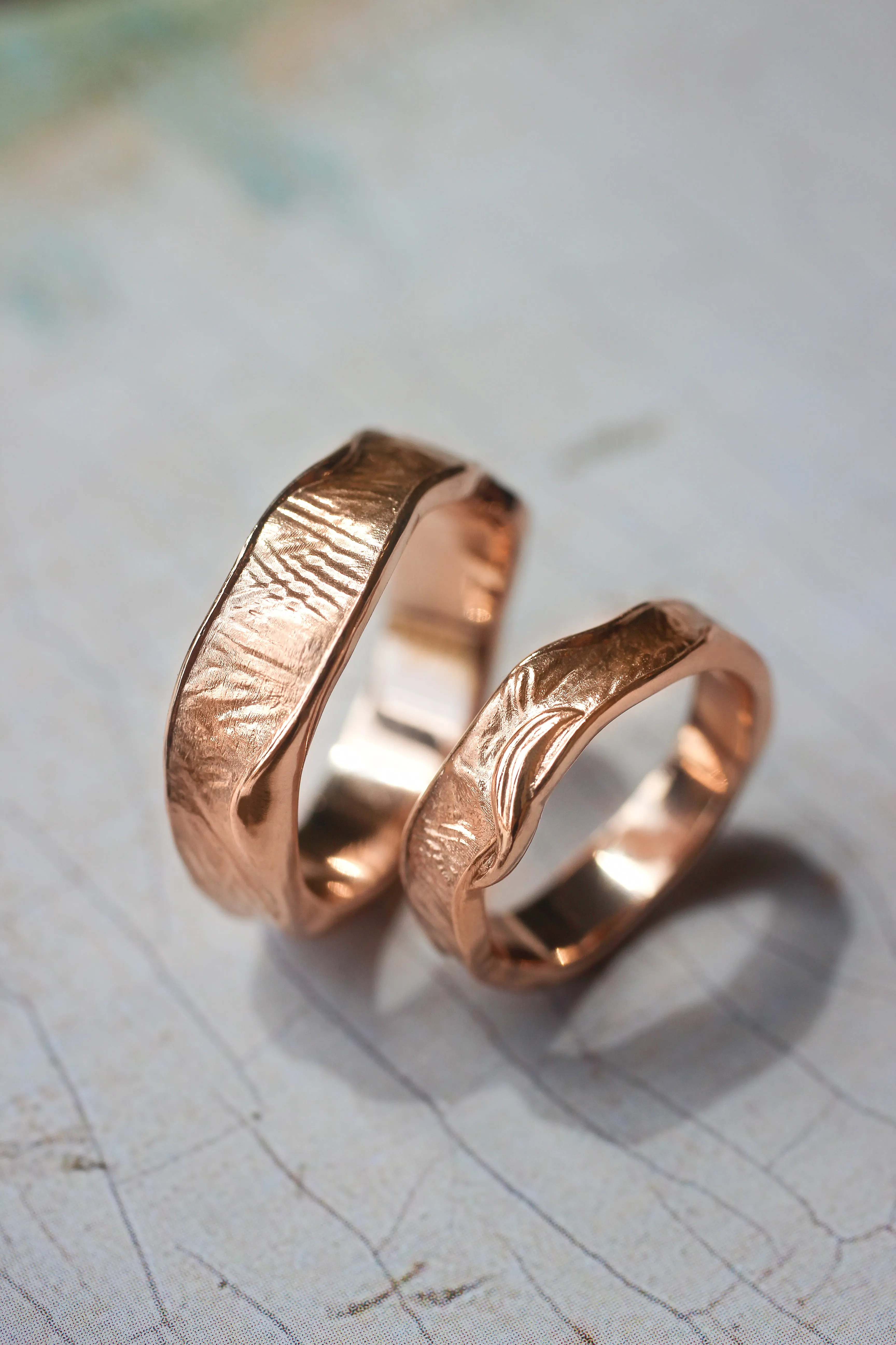 Textured wedding bands set for couple, melted rings with fabric texture