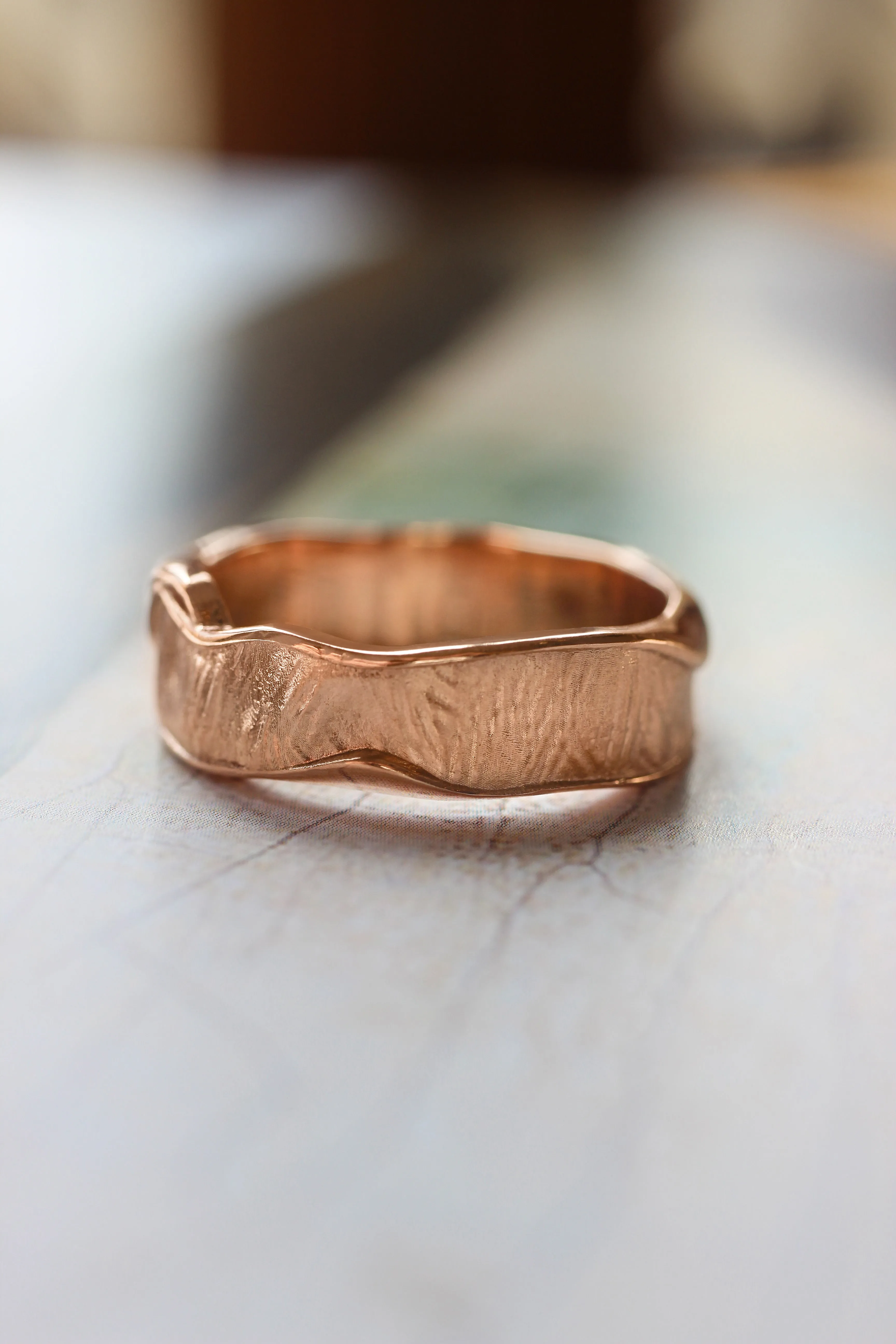 Textured wedding bands set for couple, melted rings with fabric texture